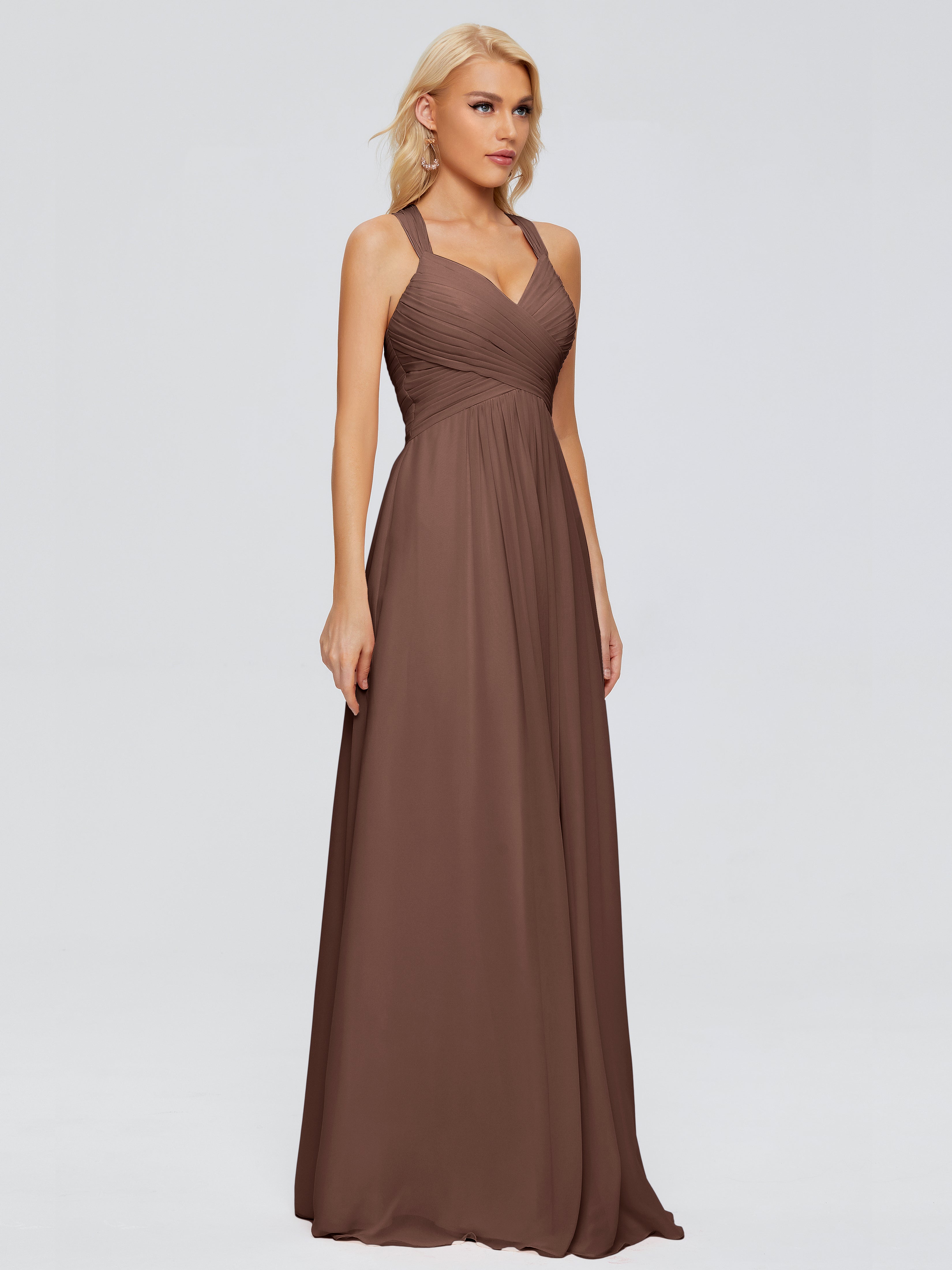 Robe Chocolat Demoiselle D Honneur Trapèze Bretelles Croisées Mousseline Robes Demoiselle D'Honneur