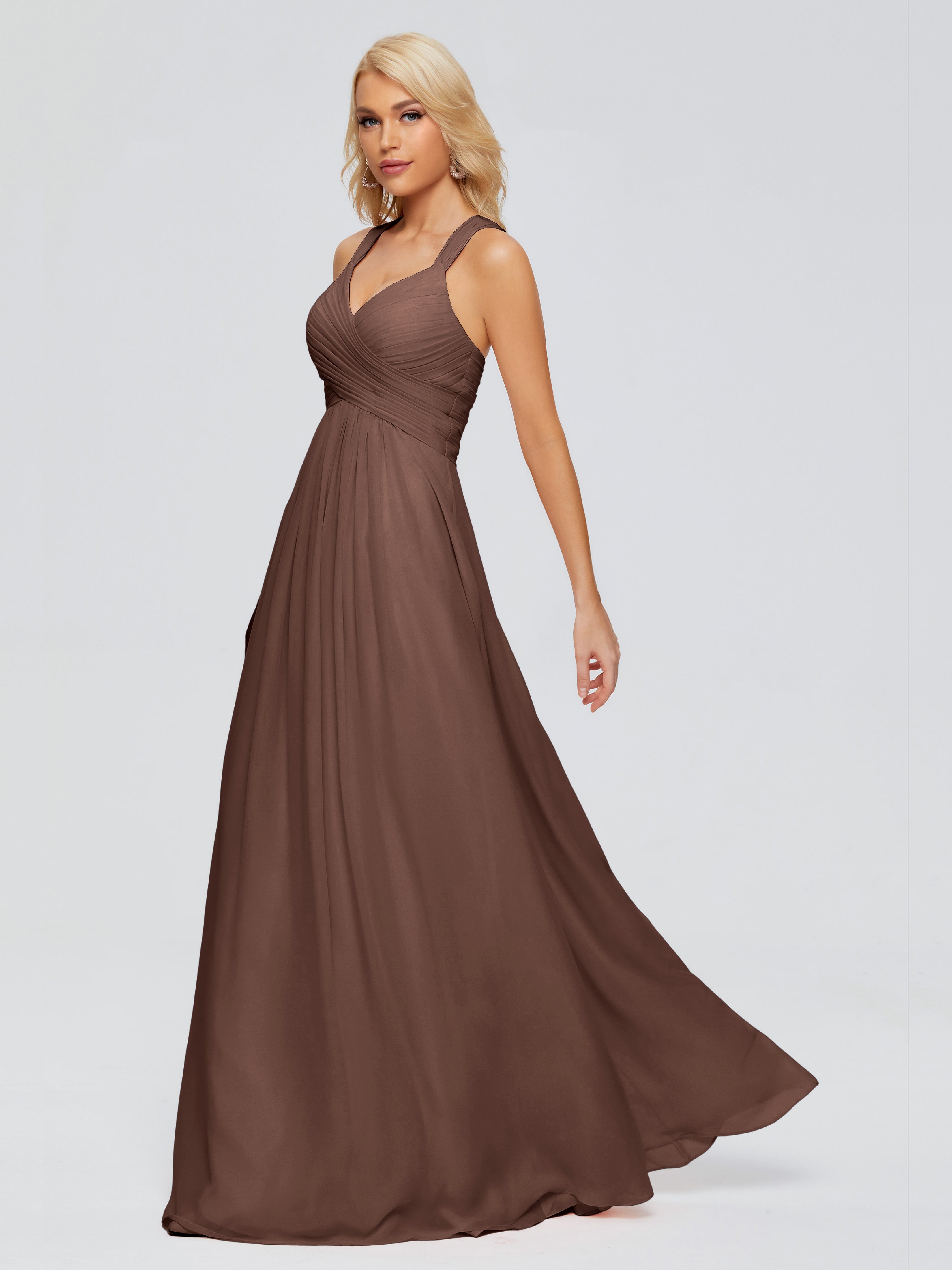 Robe Chocolat Demoiselle D Honneur Trapèze Bretelles Croisées Mousseline Robes Demoiselle D'Honneur