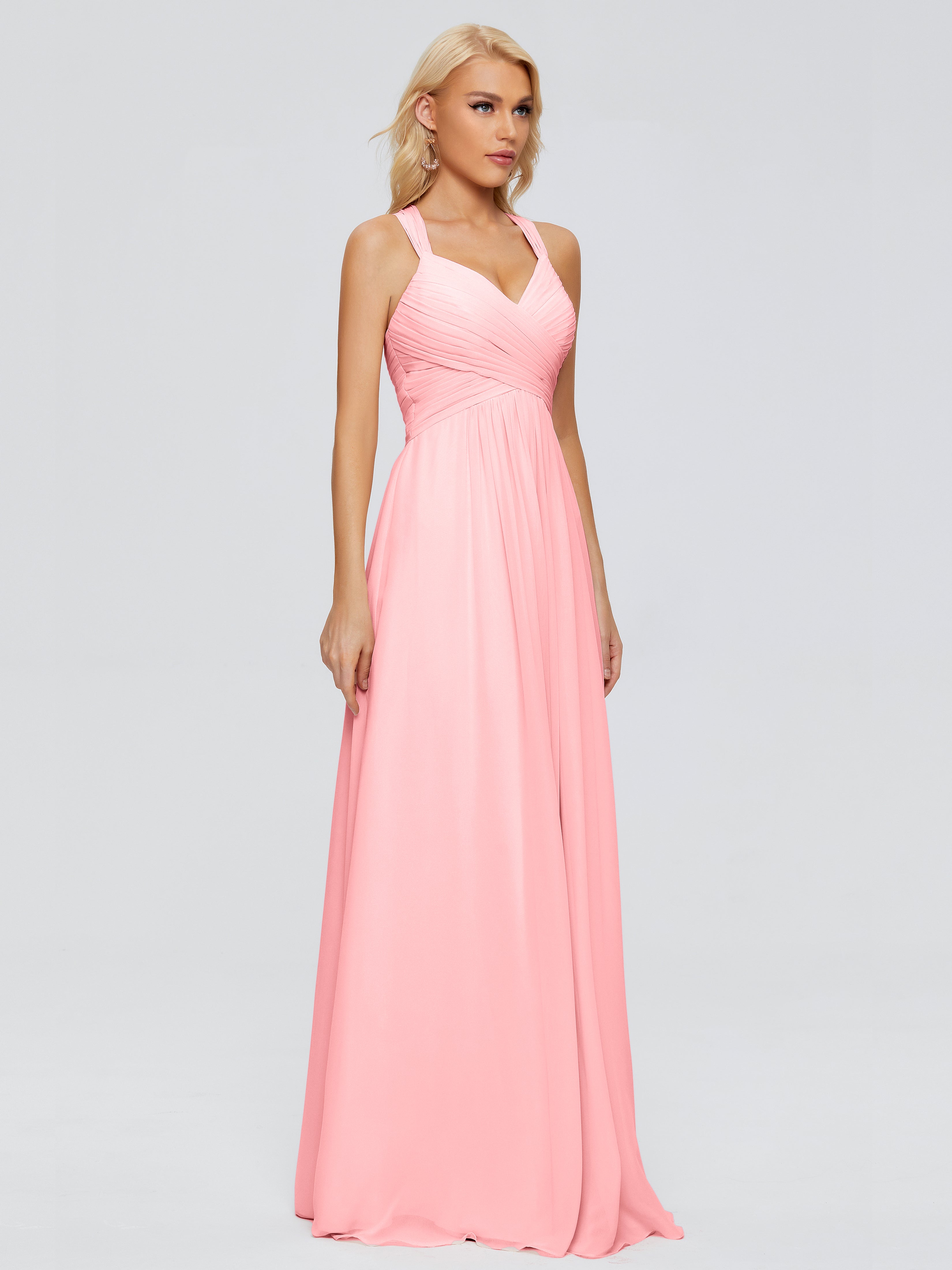 Robes De Demoiselle D'Honneur En Flamant Trapèze Bretelles Croisées Mousseline Robes Demoiselle D'Honneur