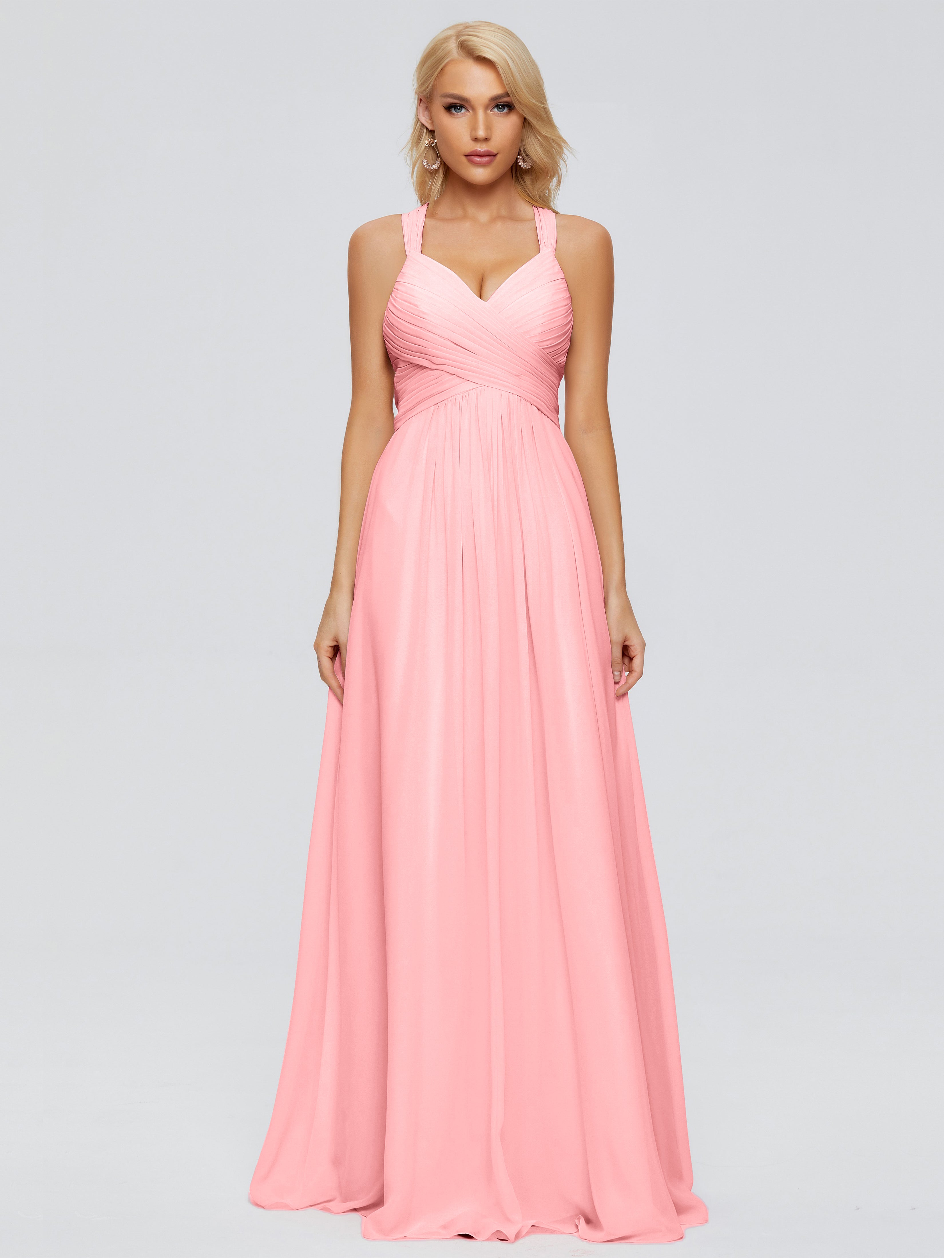 Robes De Demoiselle D'Honneur En Flamant Trapèze Bretelles Croisées Mousseline Robes Demoiselle D'Honneur