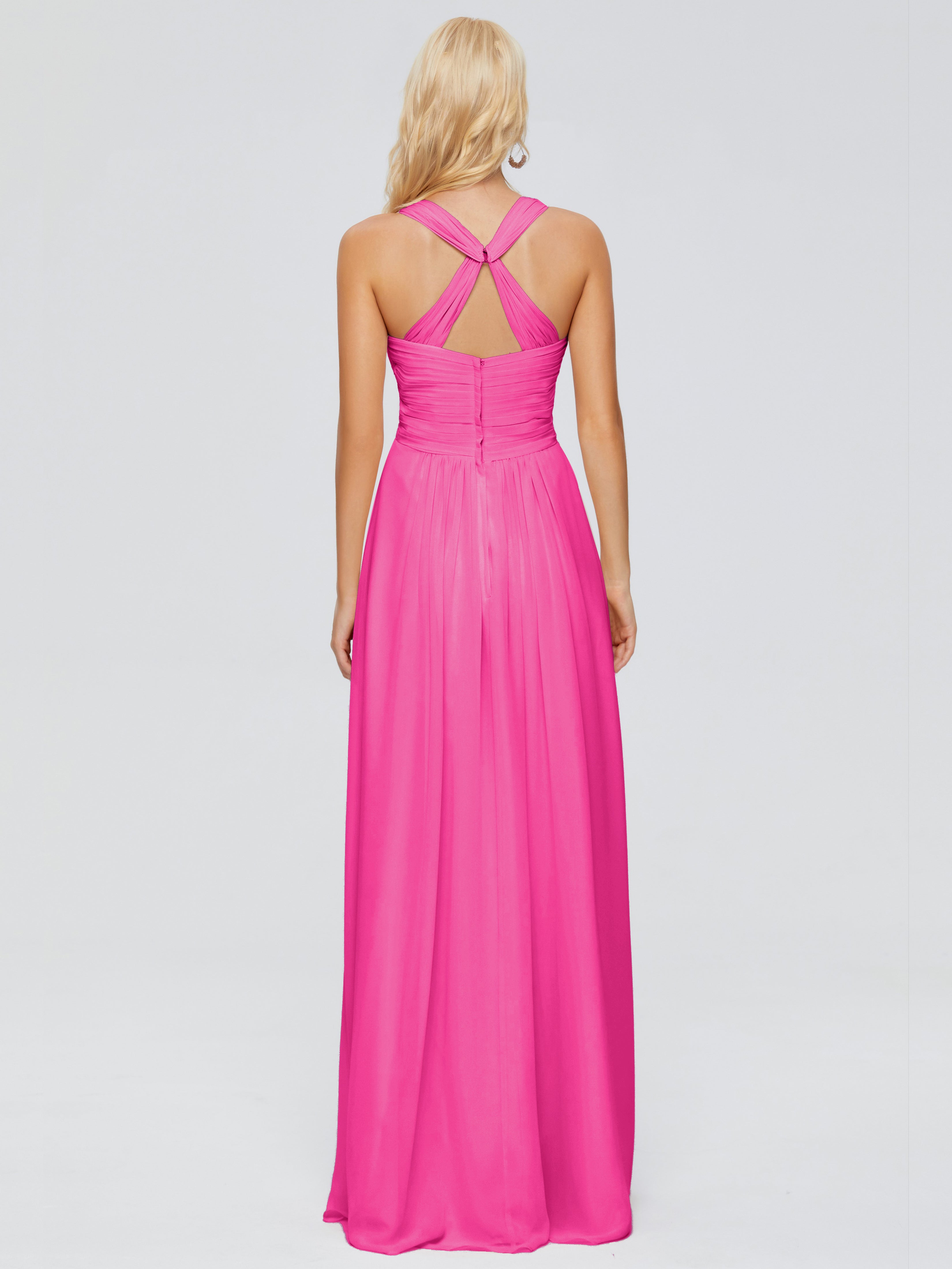 Robes De Demoiselle D'Honneur Rose Fuchsia Trapèze Bretelles Croisées Mousseline Robes Demoiselle D'Honneur