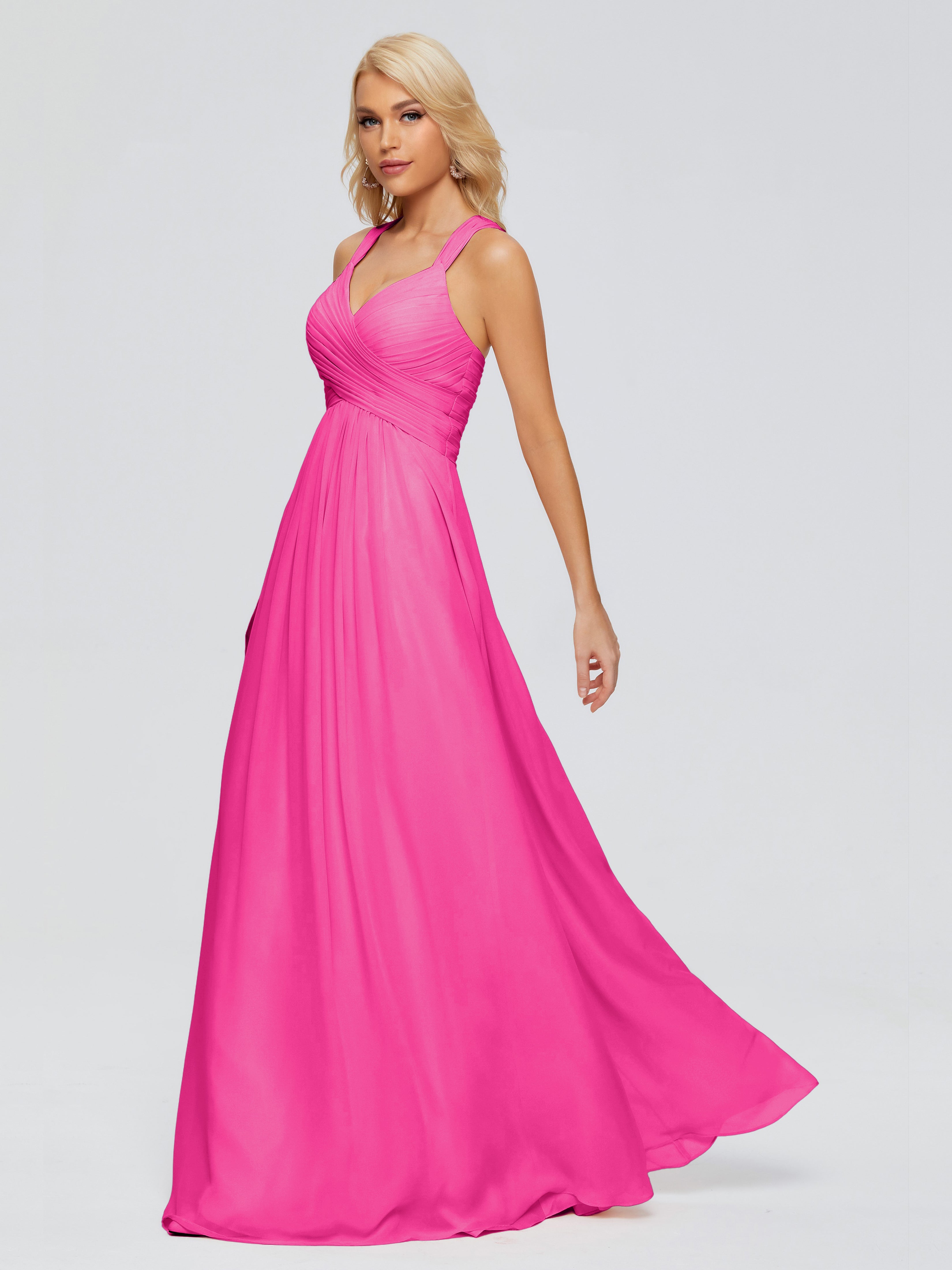Robes De Demoiselle D'Honneur Rose Fuchsia Trapèze Bretelles Croisées Mousseline Robes Demoiselle D'Honneur
