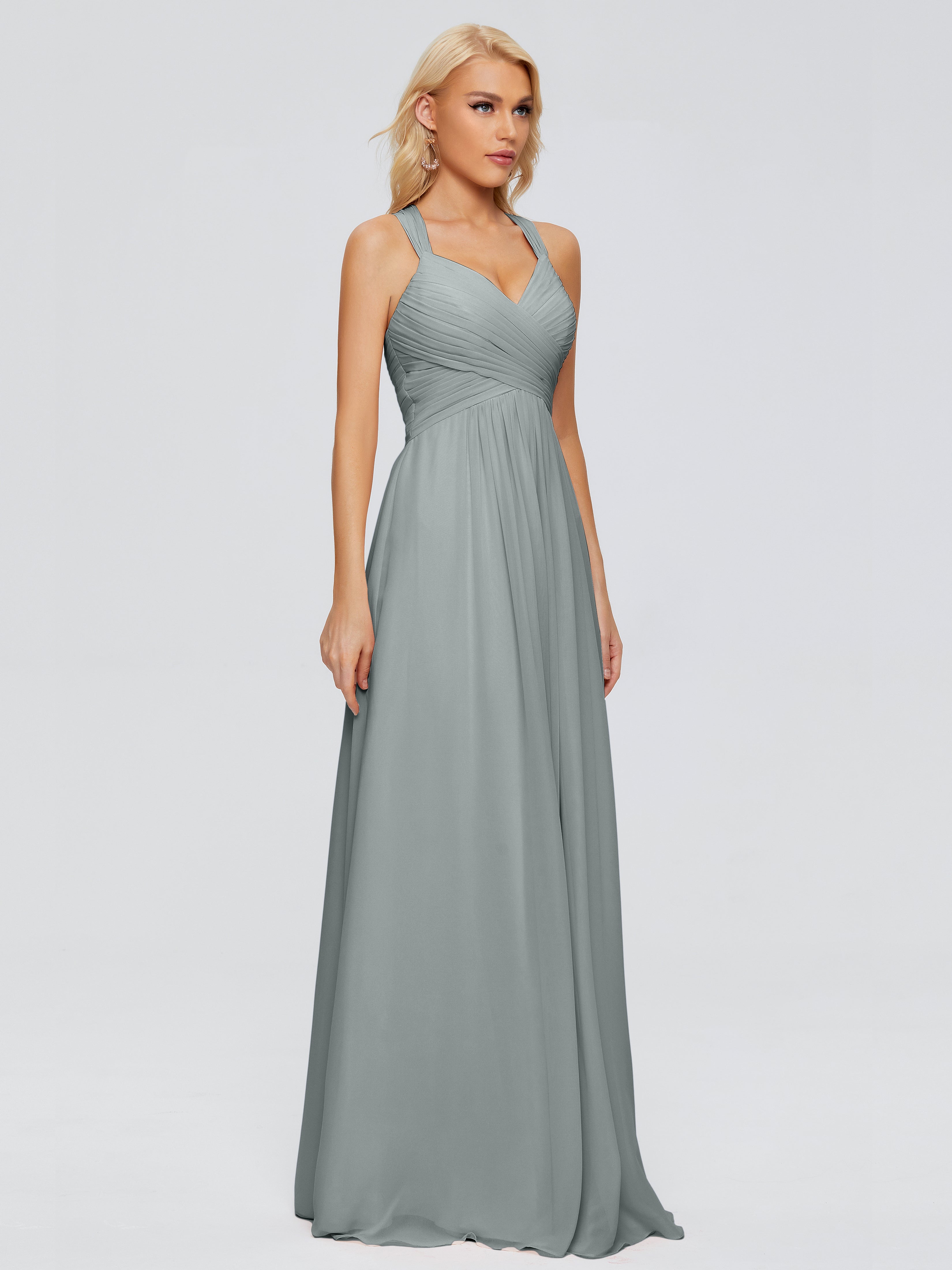 Robe Longue Grise Demoiselle D Honneur Trapèze Bretelles Croisées Mousseline Robes Demoiselle D'Honneur