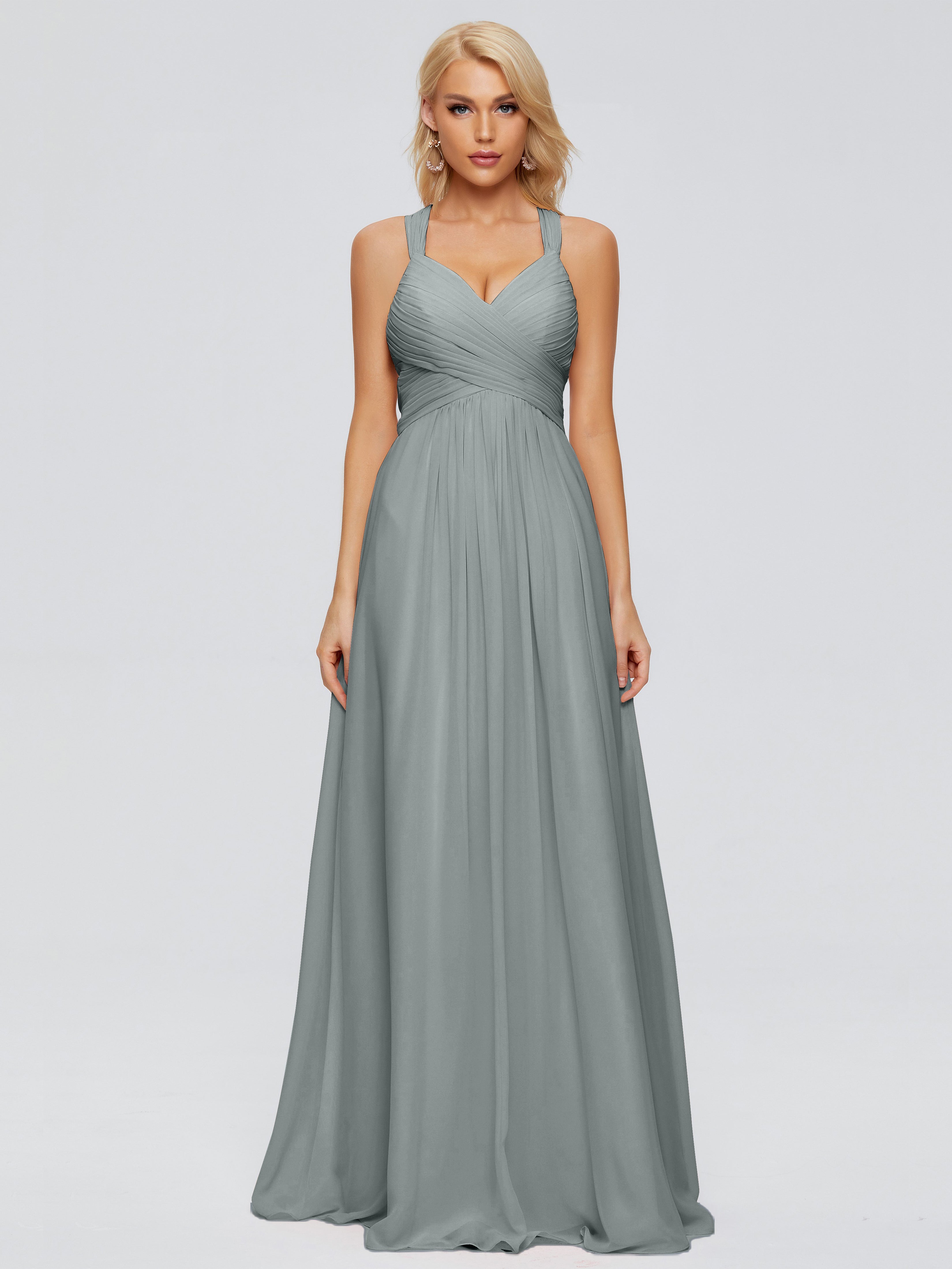 Robe Longue Grise Demoiselle D Honneur Trapèze Bretelles Croisées Mousseline Robes Demoiselle D'Honneur