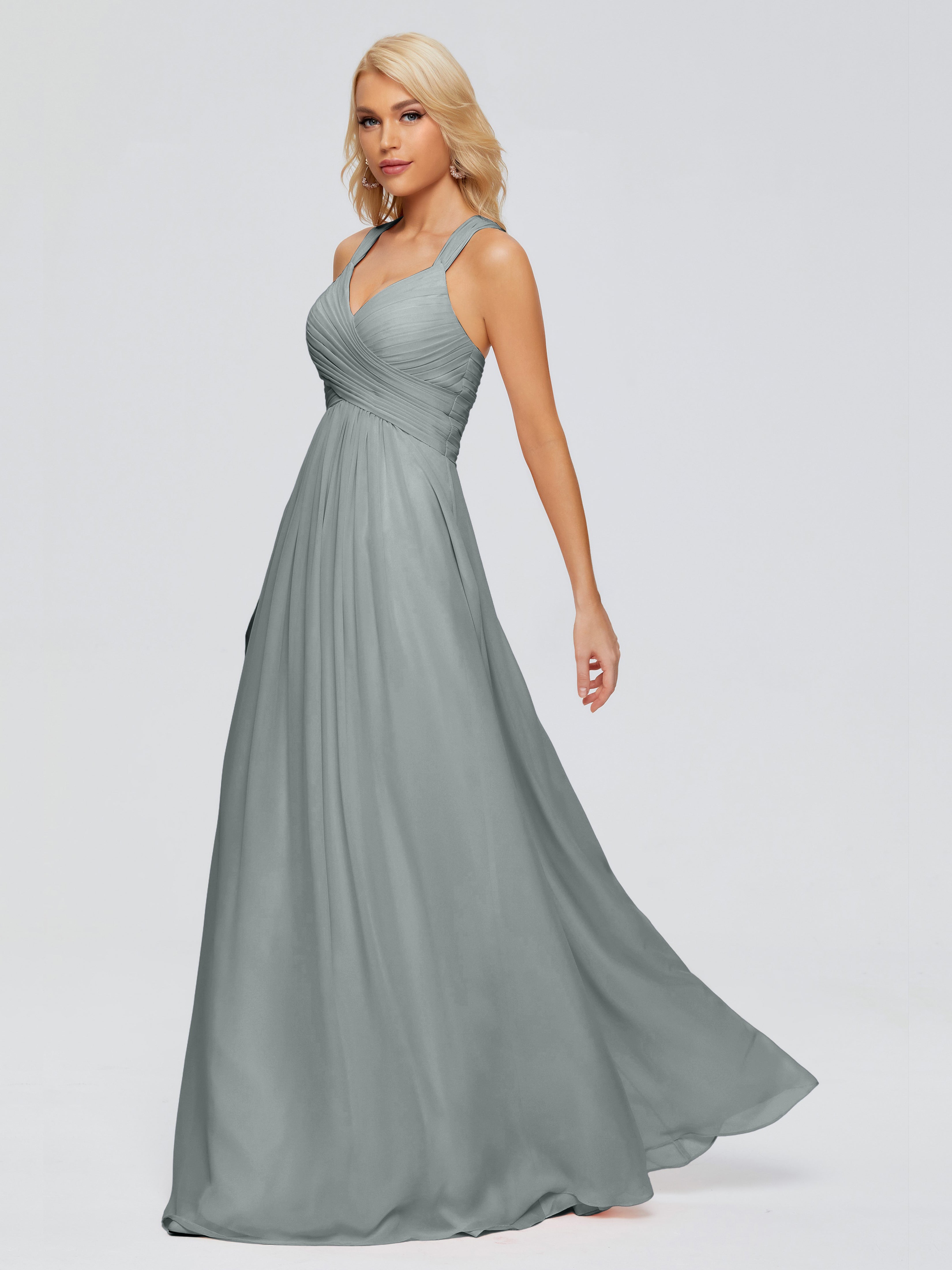 Robe Longue Grise Demoiselle D Honneur Trapèze Bretelles Croisées Mousseline Robes Demoiselle D'Honneur
