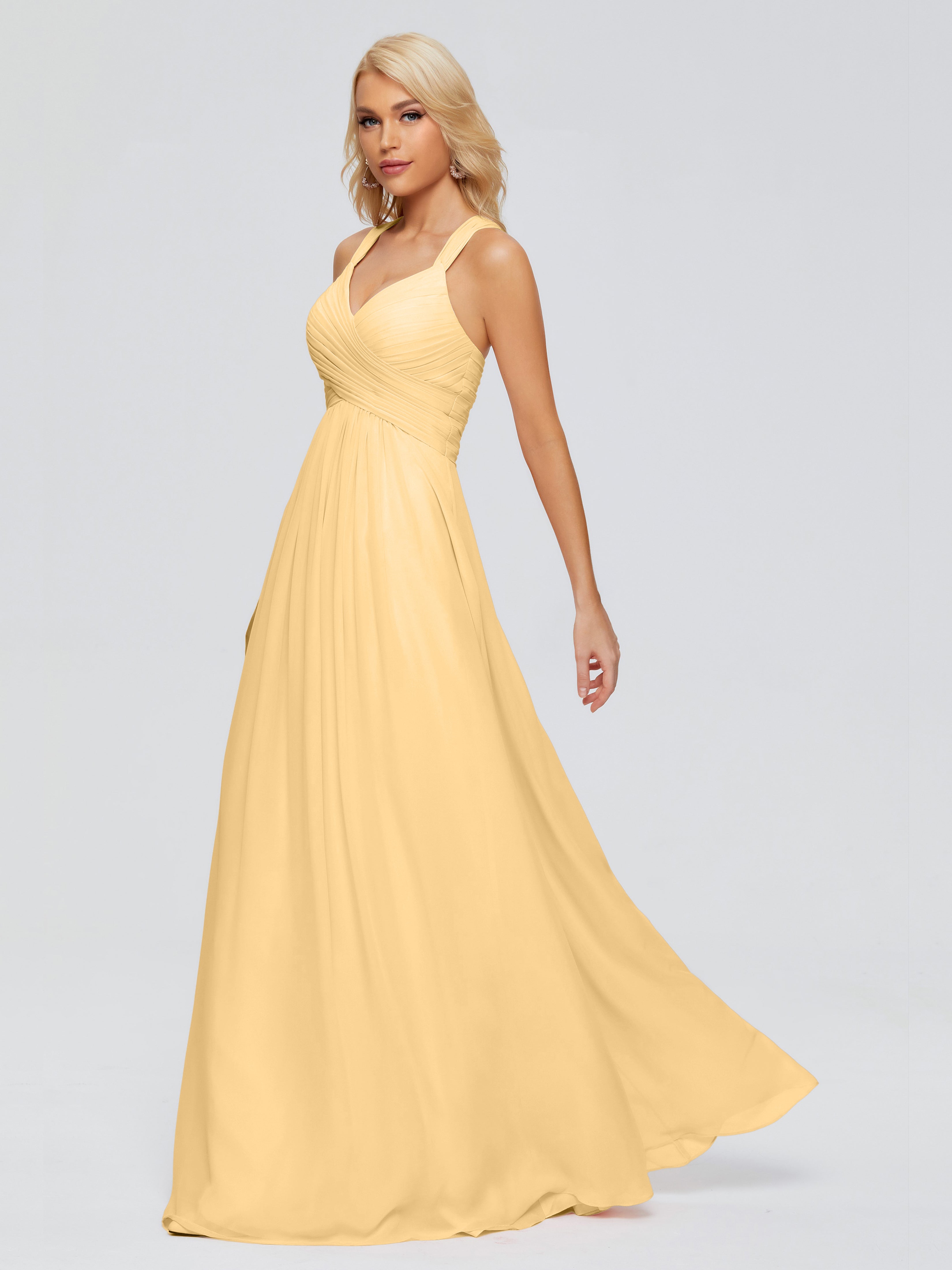Robe Doré Demoiselle D Honneur Trapèze Bretelles Croisées Mousseline Robes Demoiselle D'Honneur