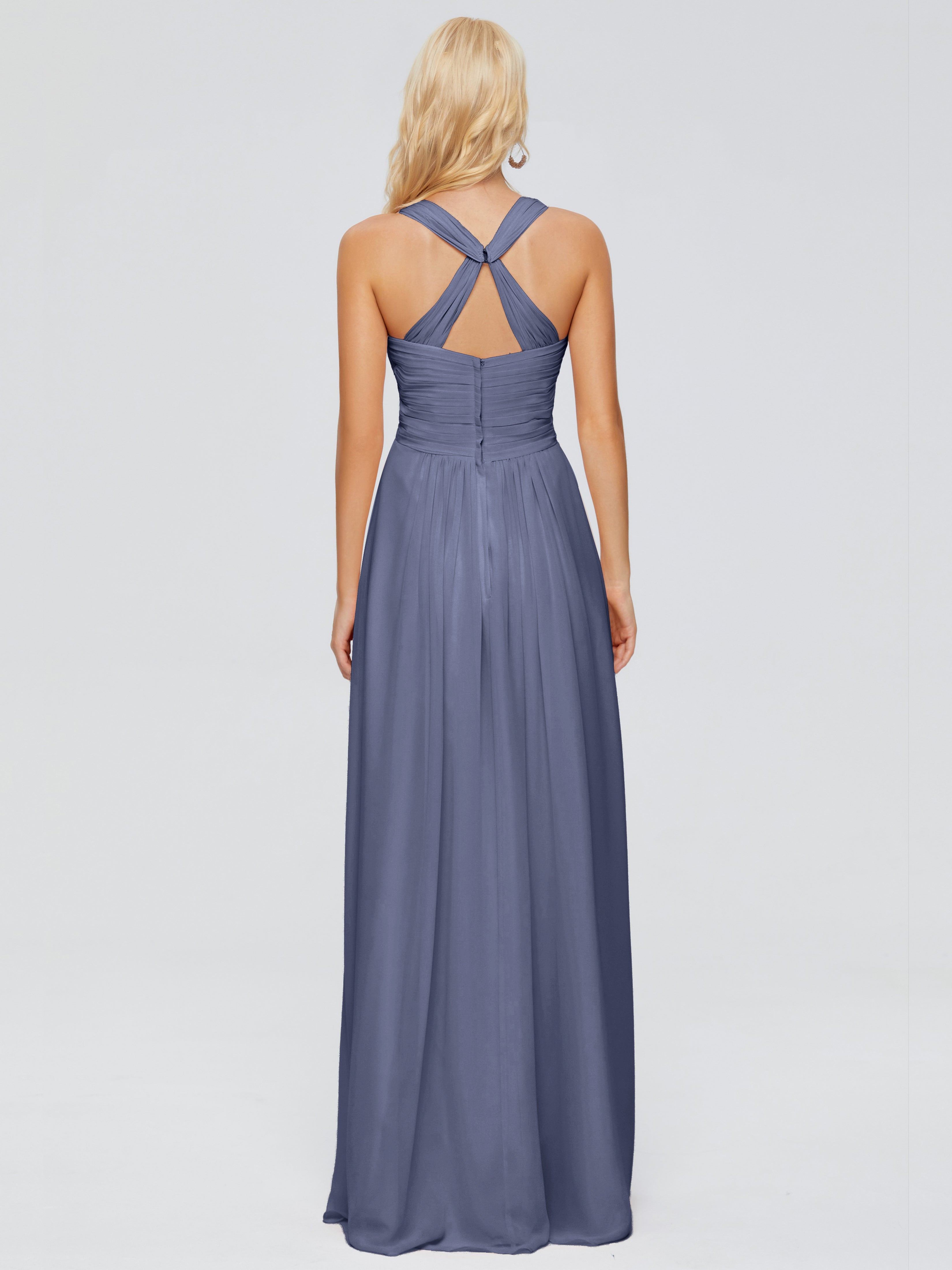 Robes De Demoiselle D'Honneur Bleu Orageux Trapèze Bretelles Croisées Mousseline Robes Demoiselle D'Honneur