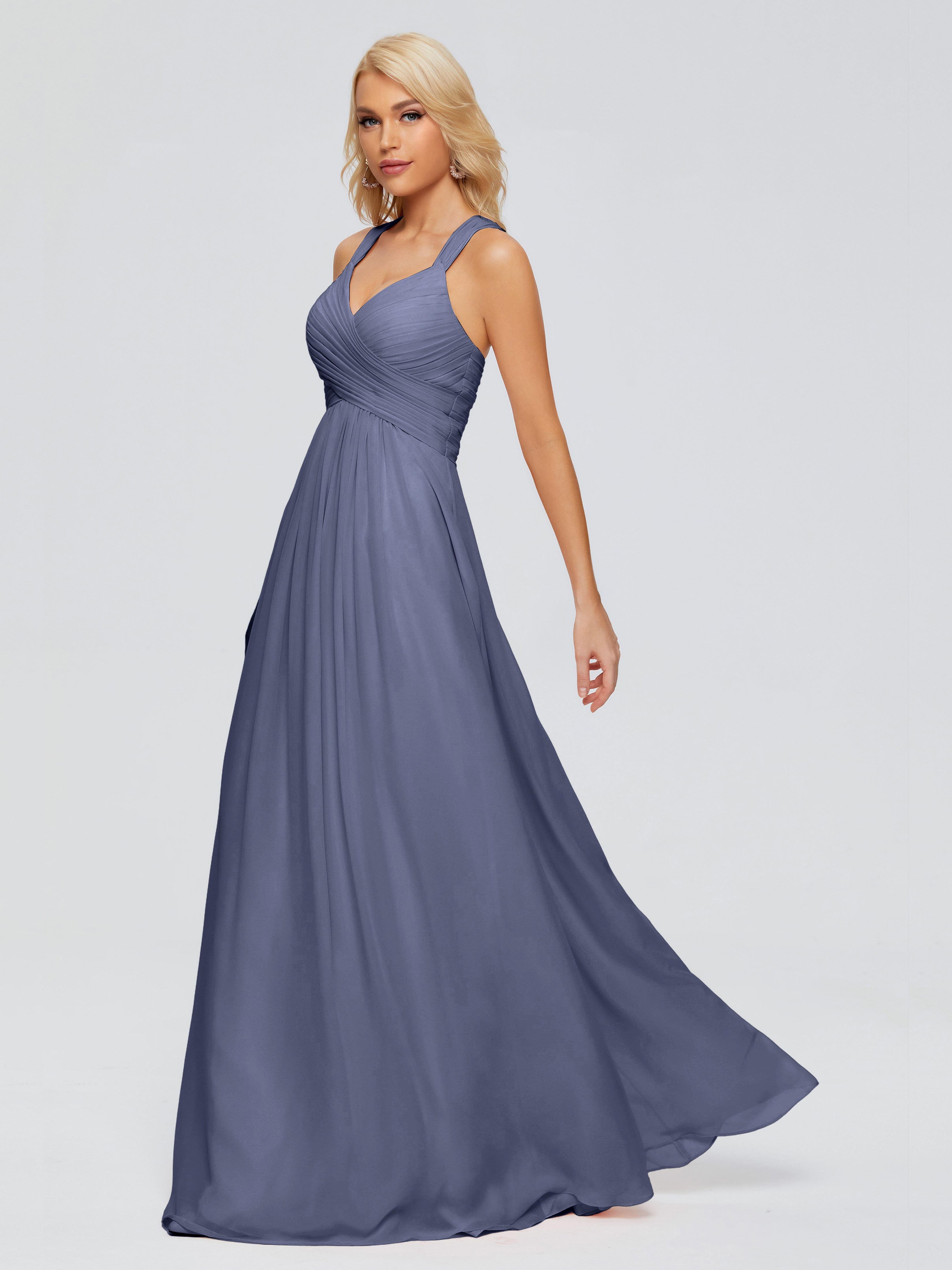 Robes De Demoiselle D'Honneur Bleu Orageux Trapèze Bretelles Croisées Mousseline Robes Demoiselle D'Honneur