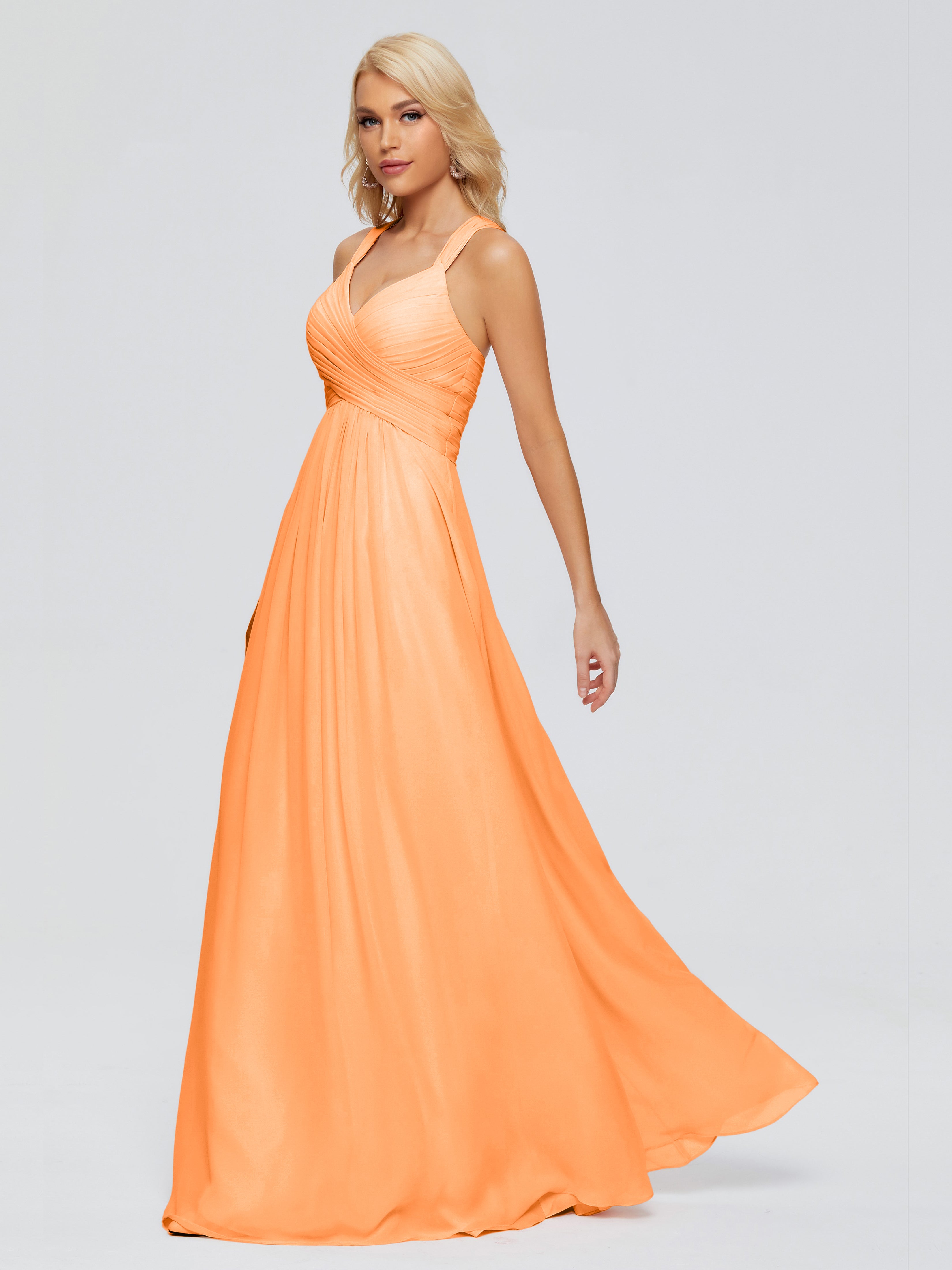 Robes De Demoiselle D'Honneur Orange Trapèze Bretelles Croisées Mousseline Robes Demoiselle D'Honneur
