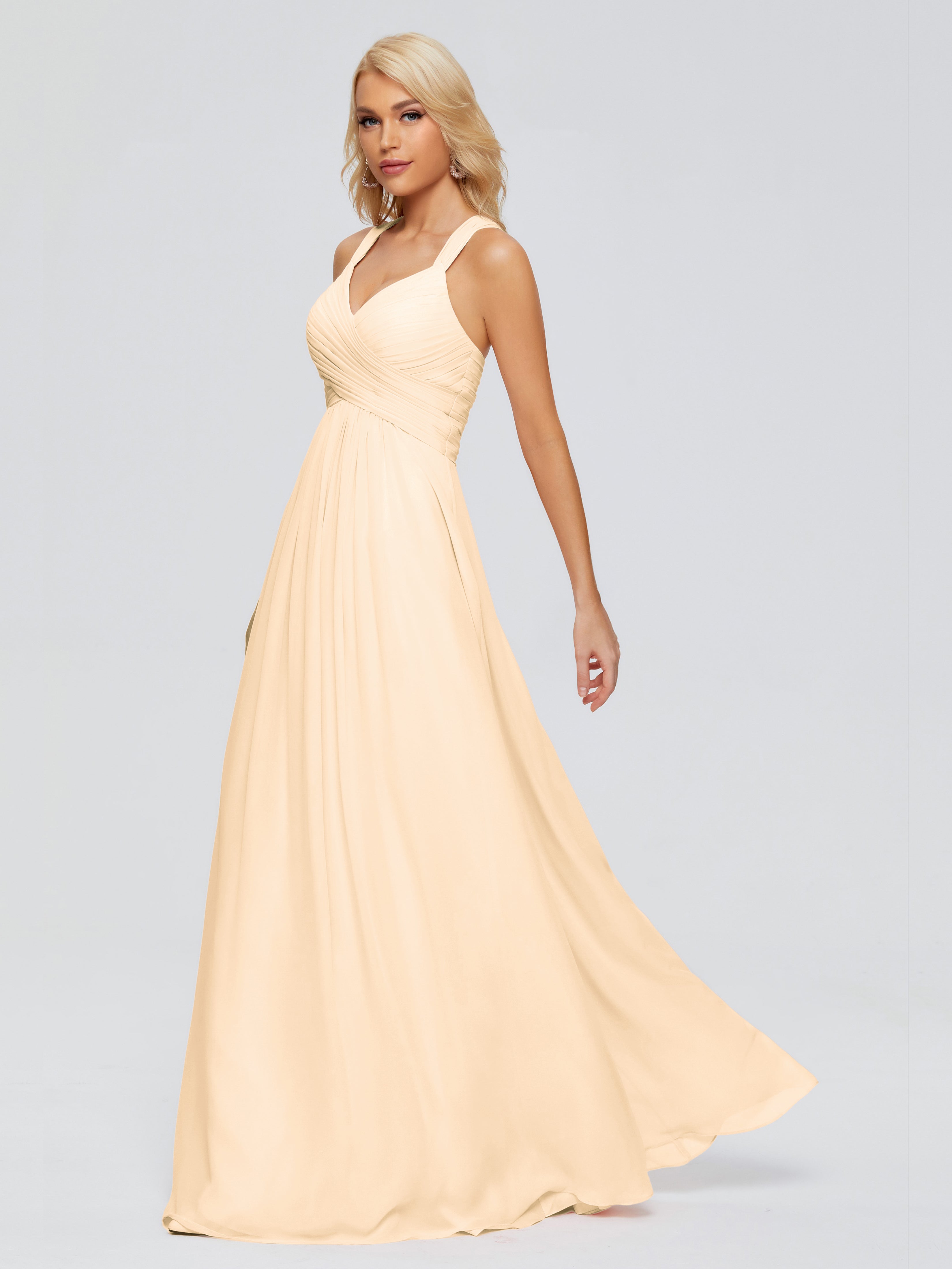 Robe De Demoiselle D Honneur Couleur Peche Trapèze Bretelles Croisées Mousseline Robes Demoiselle D'Honneur