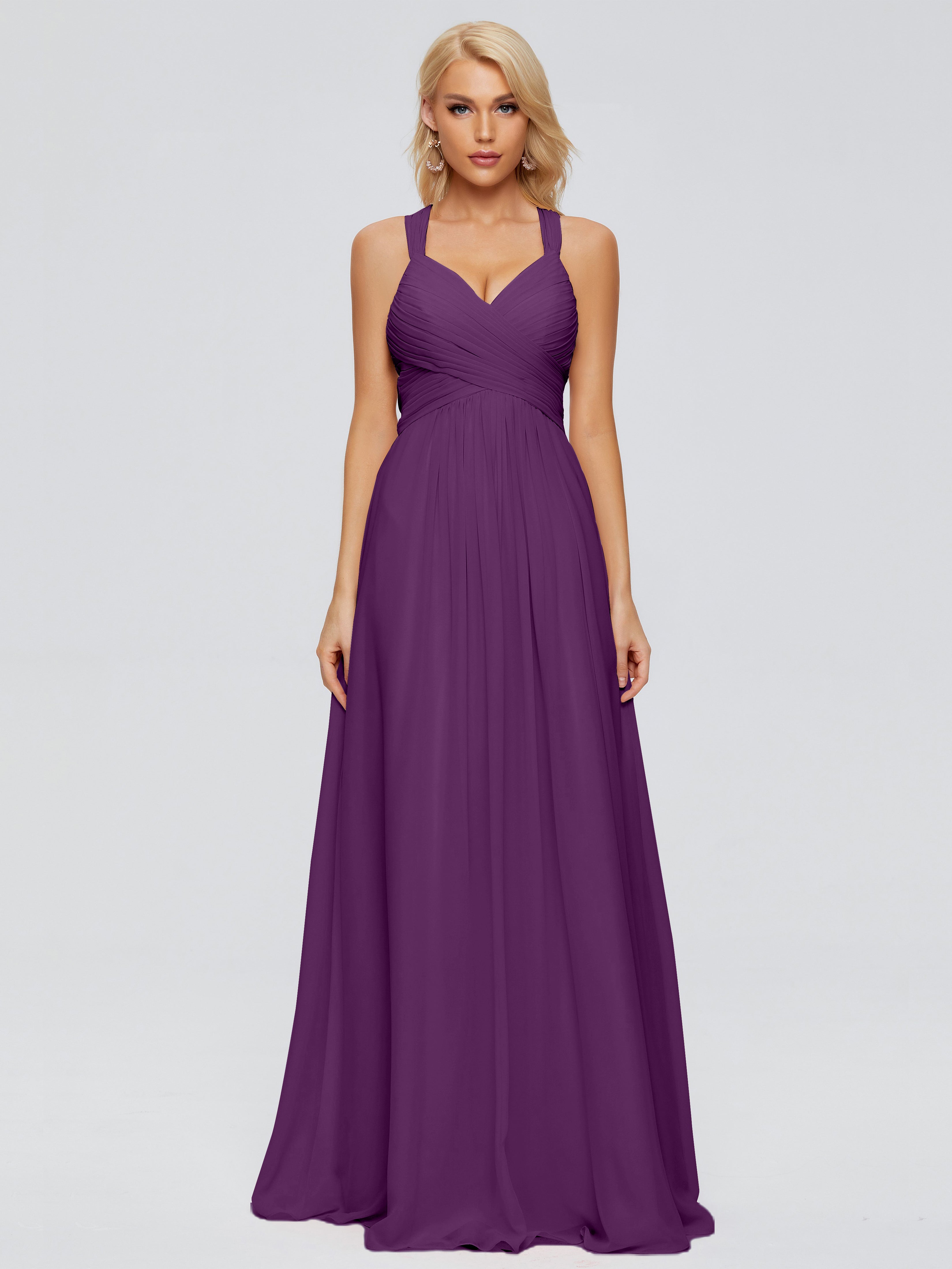 Robes De Demoiselle D'Honneur En Raisin Trapèze Bretelles Croisées Mousseline Robes Demoiselle D'Honneur