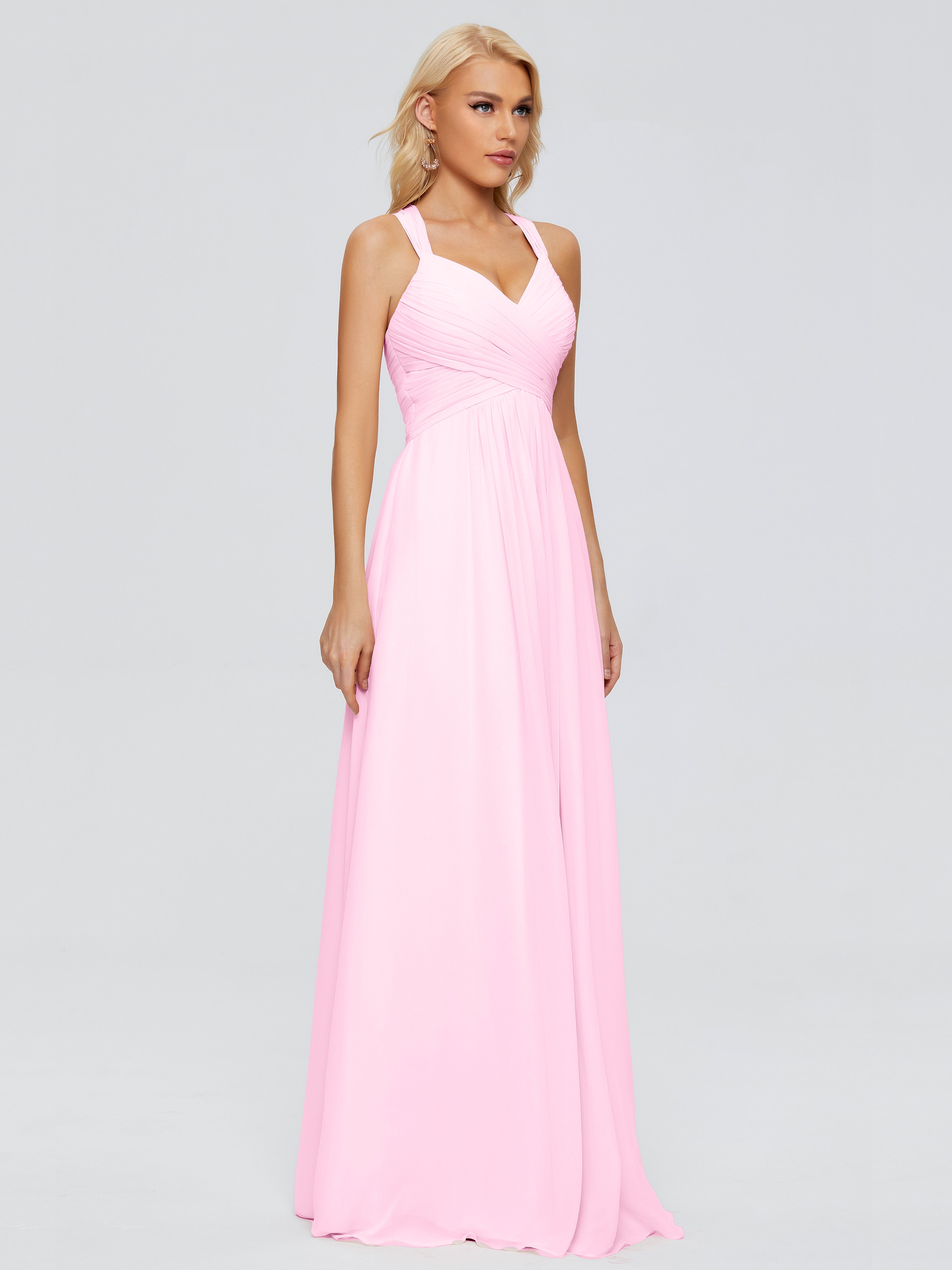 Robe Demoiselle D Honneur Rose Bonbon Trapèze Bretelles Croisées Mousseline Robes Demoiselle D'Honneur
