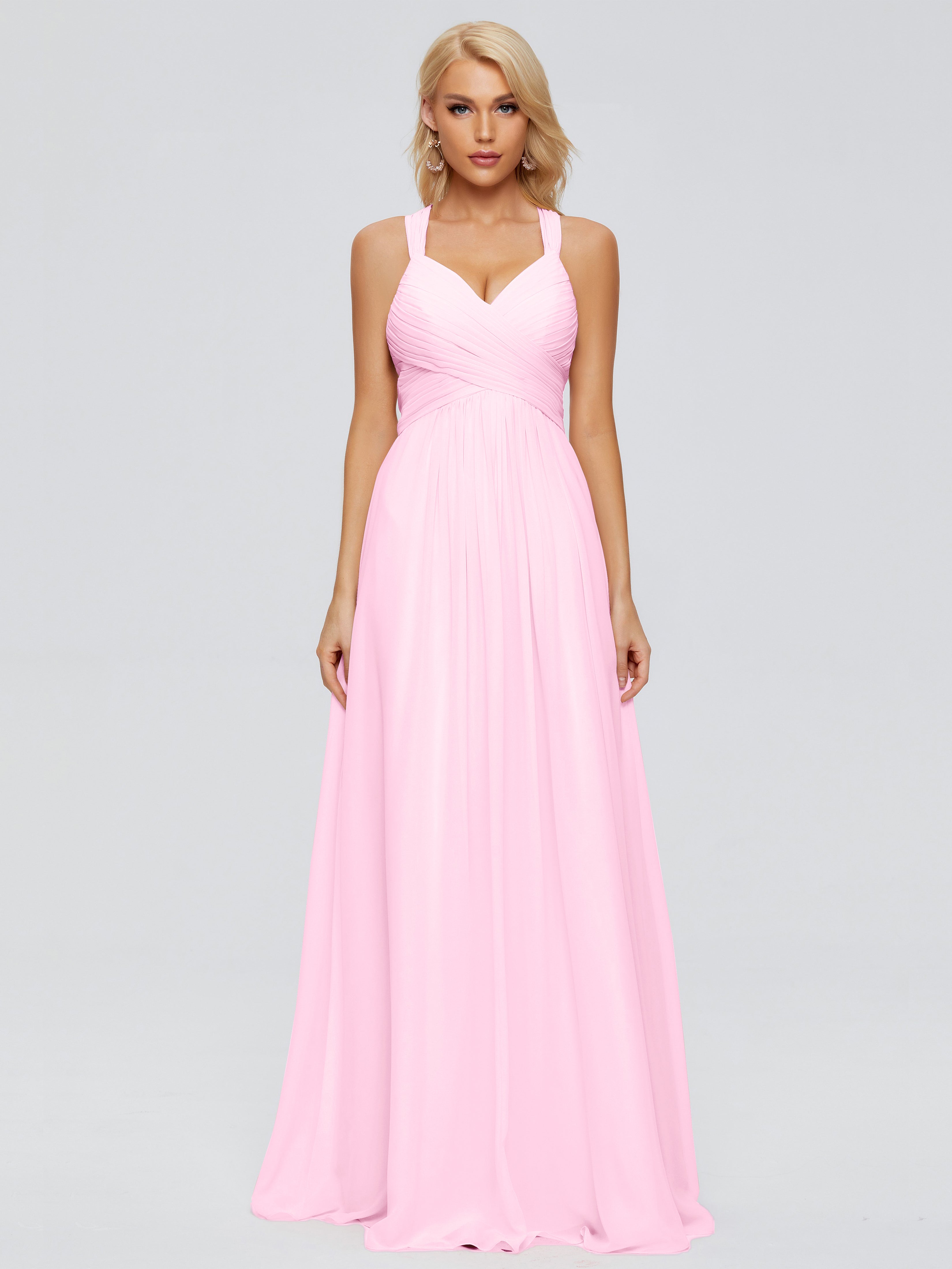 Robe Demoiselle D Honneur Rose Bonbon Trapèze Bretelles Croisées Mousseline Robes Demoiselle D'Honneur