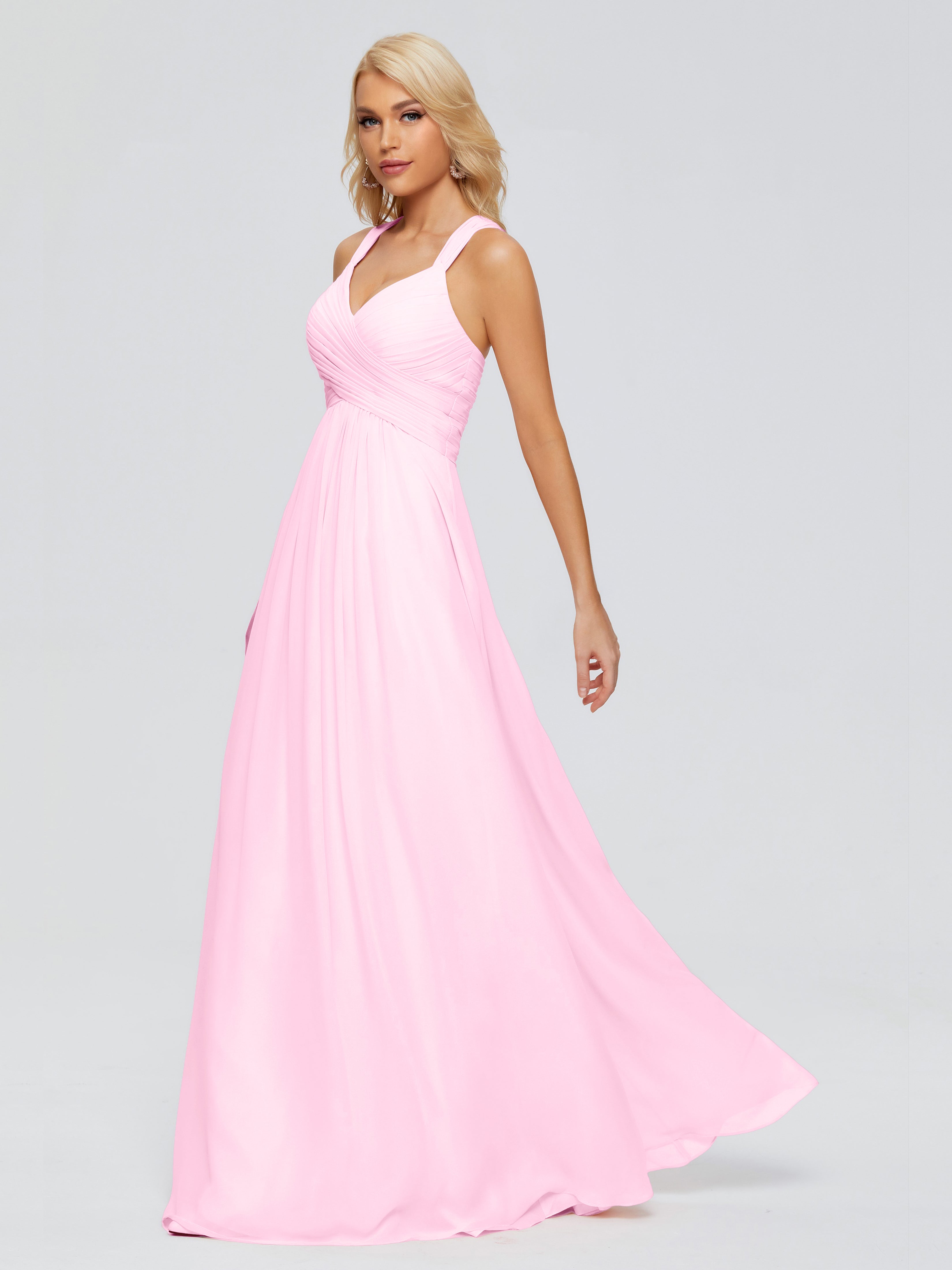 Robe Demoiselle D Honneur Rose Bonbon Trapèze Bretelles Croisées Mousseline Robes Demoiselle D'Honneur