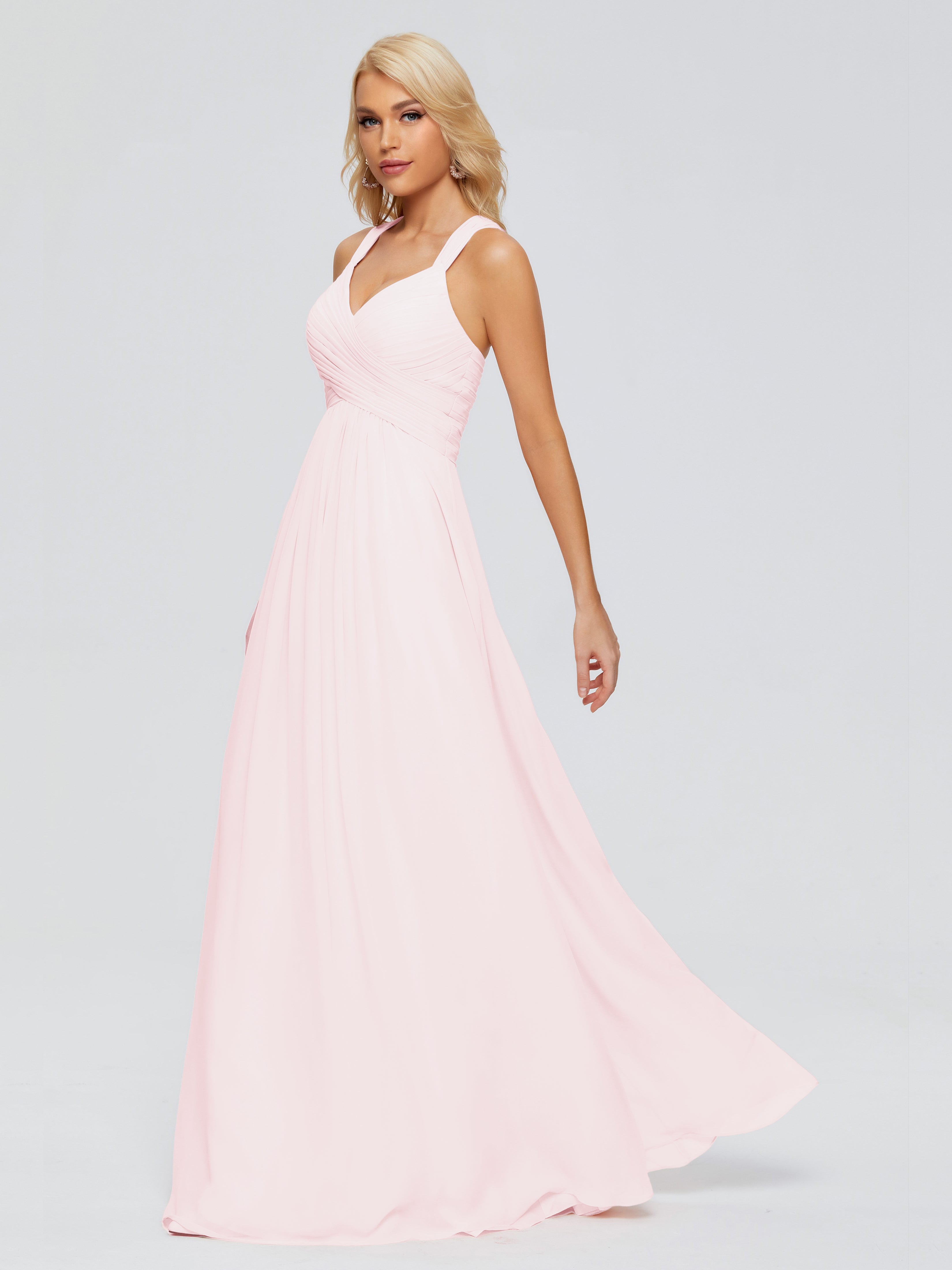 Demoiselle D Honneur Robe Rose Pale Trapèze Bretelles Croisées Mousseline Robes Demoiselle D'Honneur
