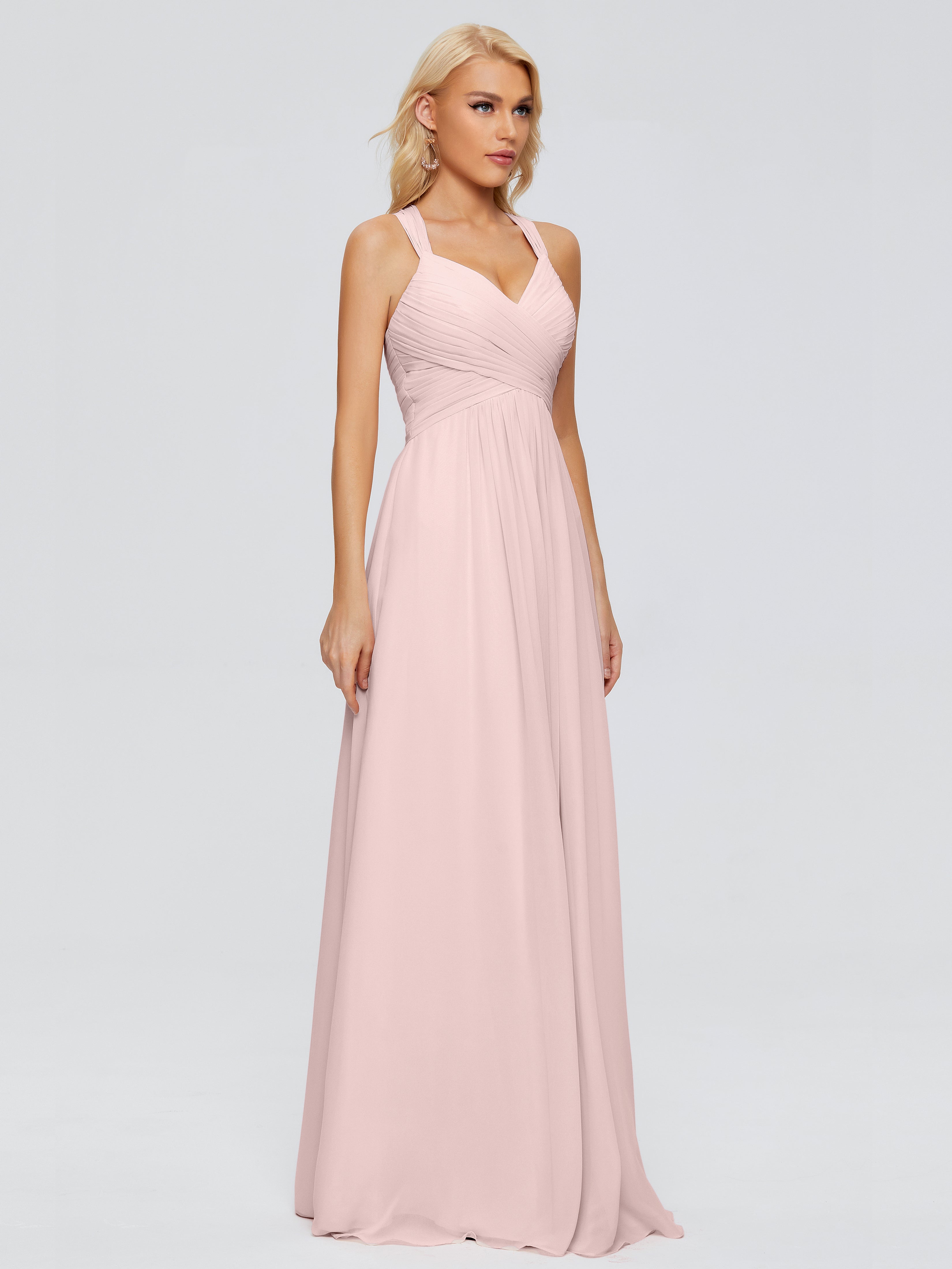 Robe Demoiselle D Honneur Rose Poudre Trapèze Bretelles Croisées Mousseline Robes Demoiselle D'Honneur
