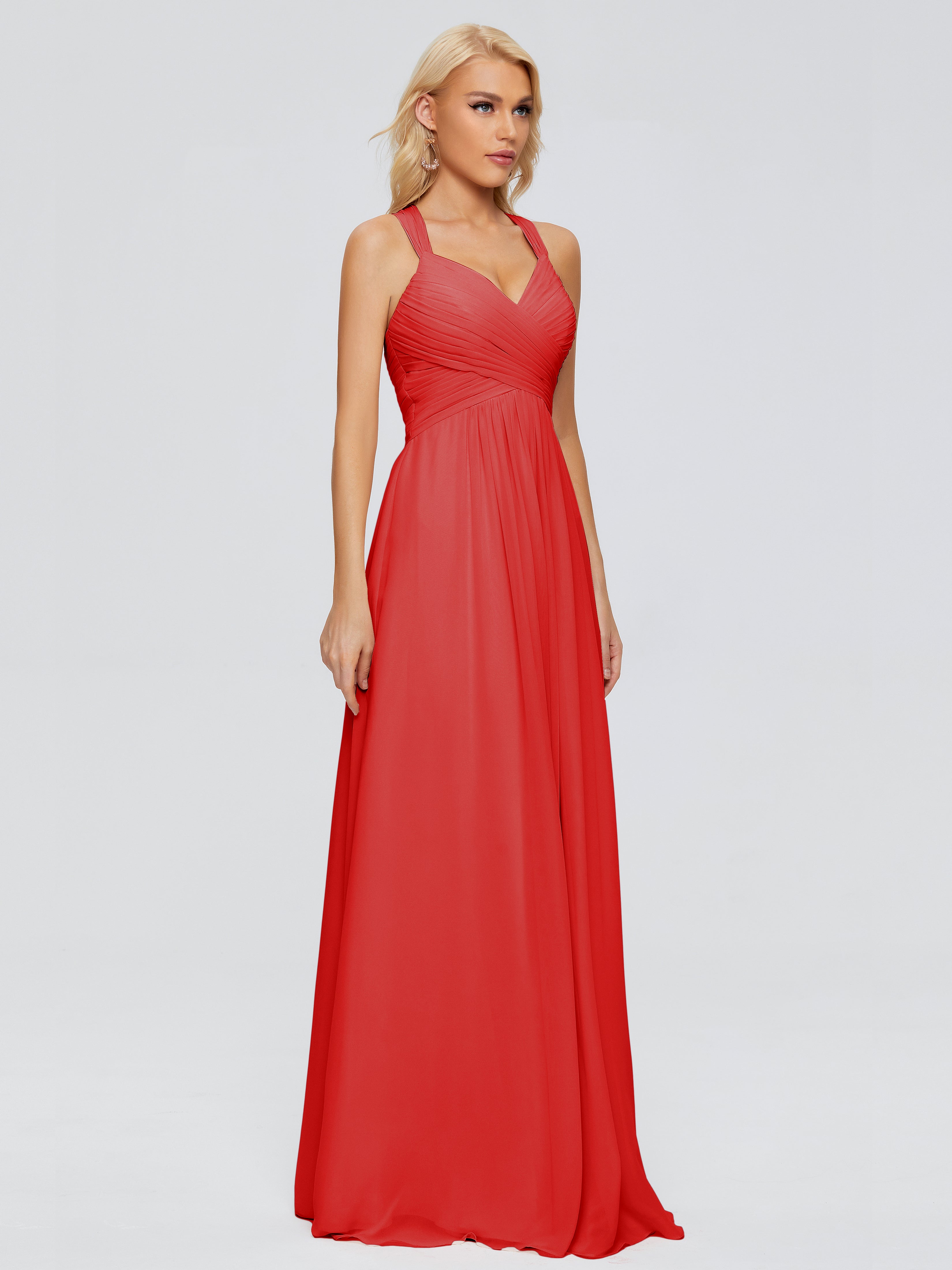 Mariage Robe Demoiselle D Honneur Rouge Trapèze Bretelles Croisées Mousseline Robes Demoiselle D'Honneur