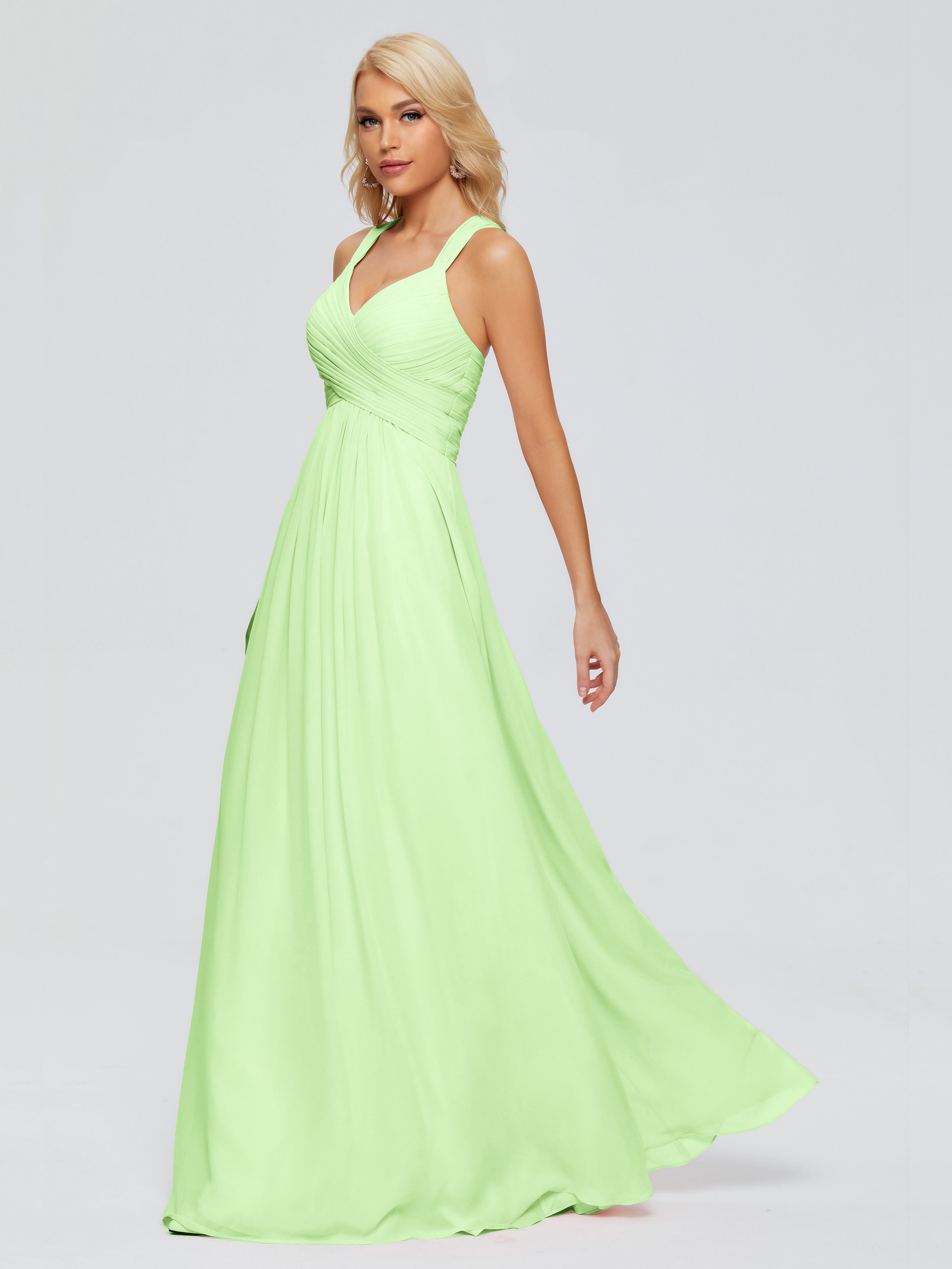 Robe Verte Sauge Demoiselle D Honneur Trapèze Bretelles Croisées Mousseline Robes Demoiselle D'Honneur