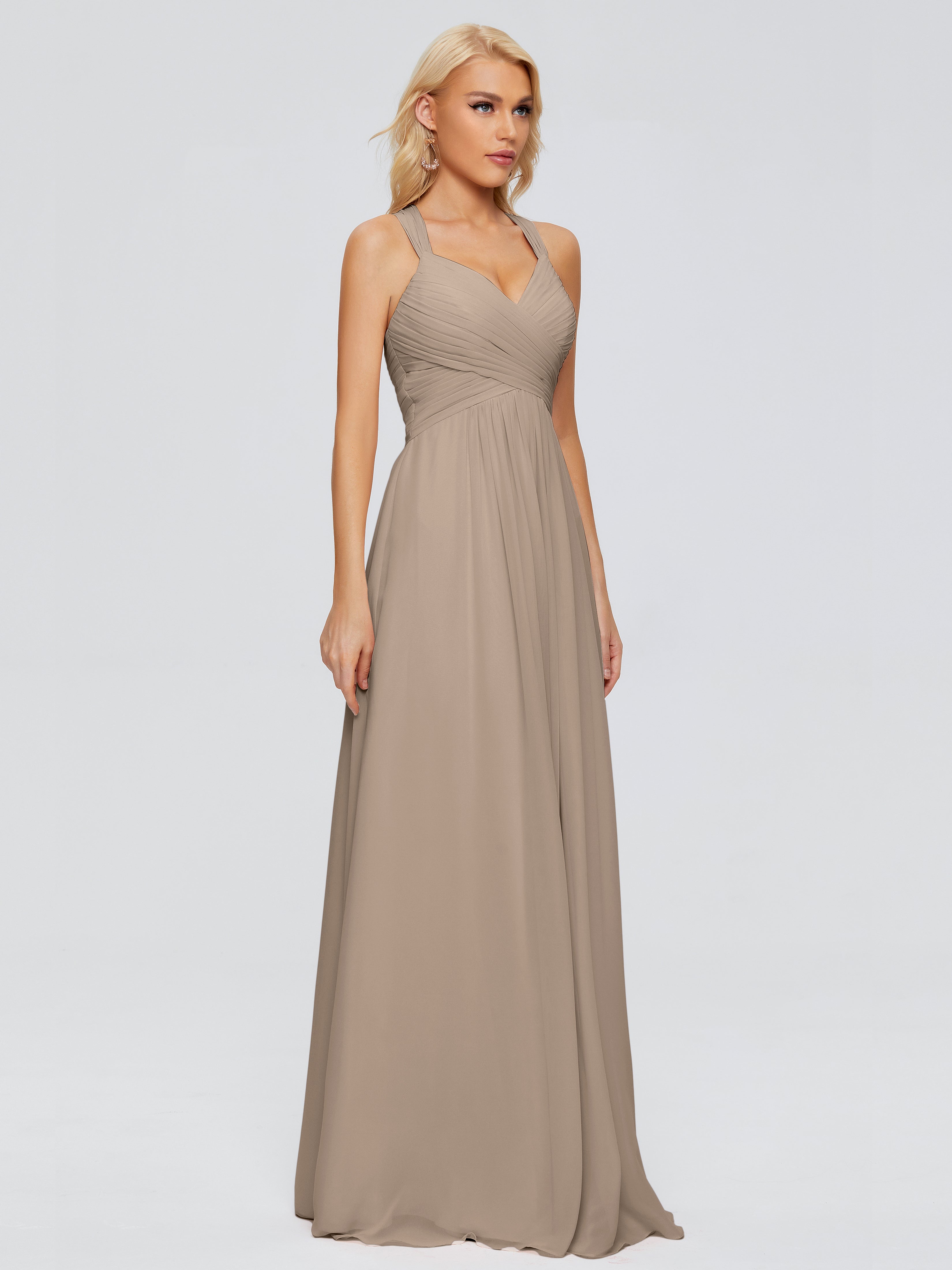 Robe Taupe Demoiselle D Honneur Trapèze Bretelles Croisées Mousseline Robes Demoiselle D'Honneur