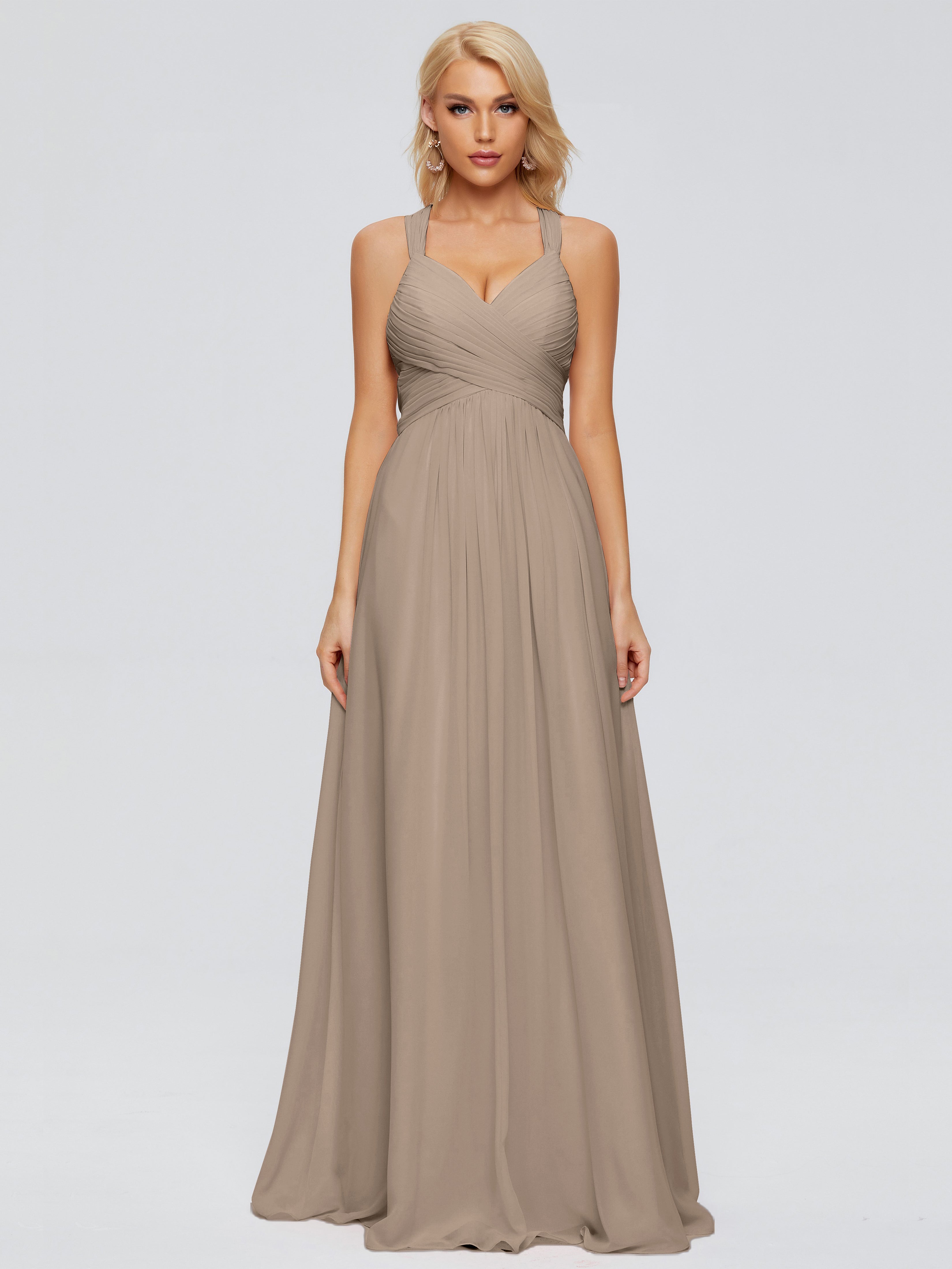Robe Taupe Demoiselle D Honneur Trapèze Bretelles Croisées Mousseline Robes Demoiselle D'Honneur