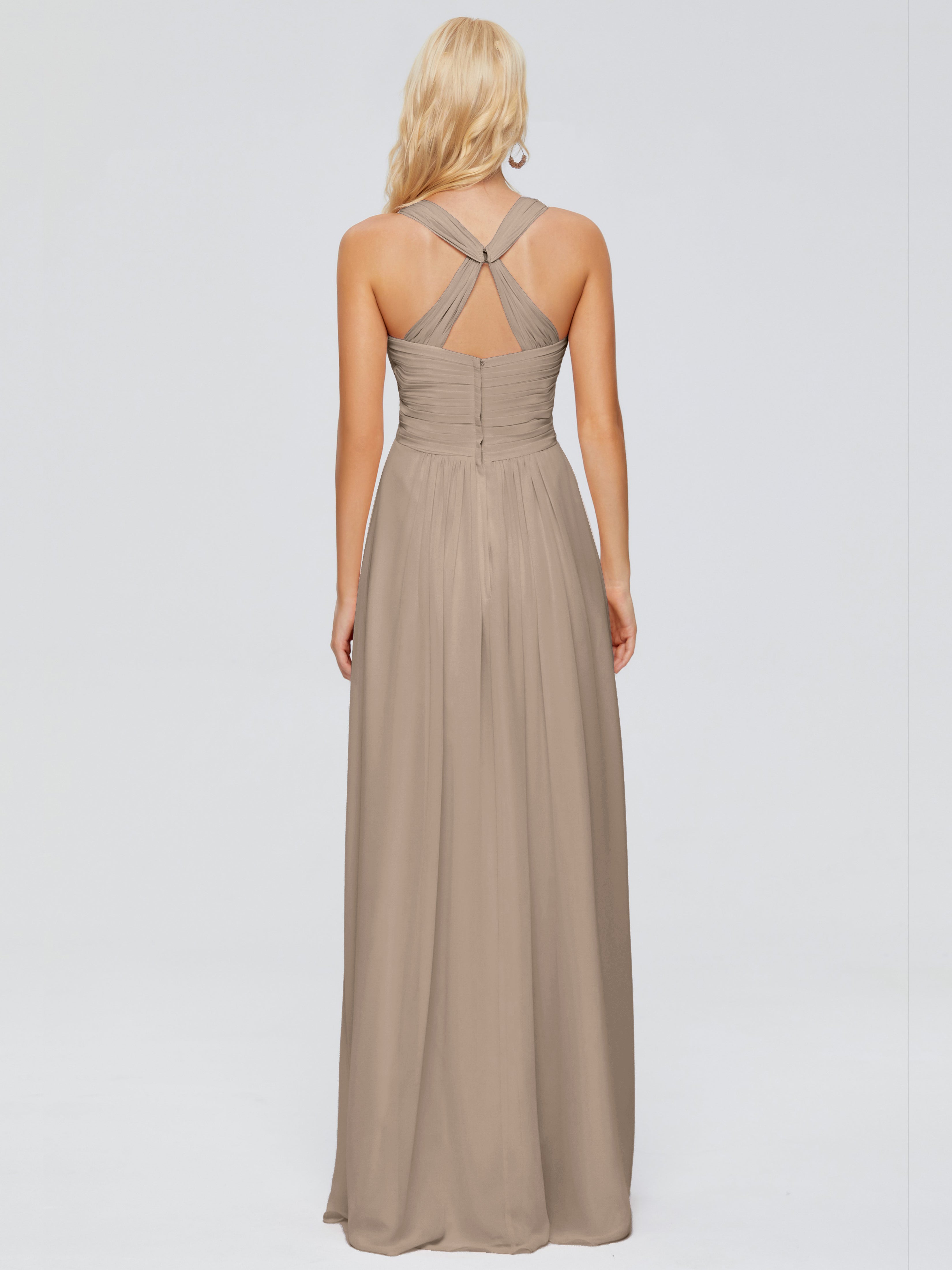 Robe Taupe Demoiselle D Honneur Trapèze Bretelles Croisées Mousseline Robes Demoiselle D'Honneur