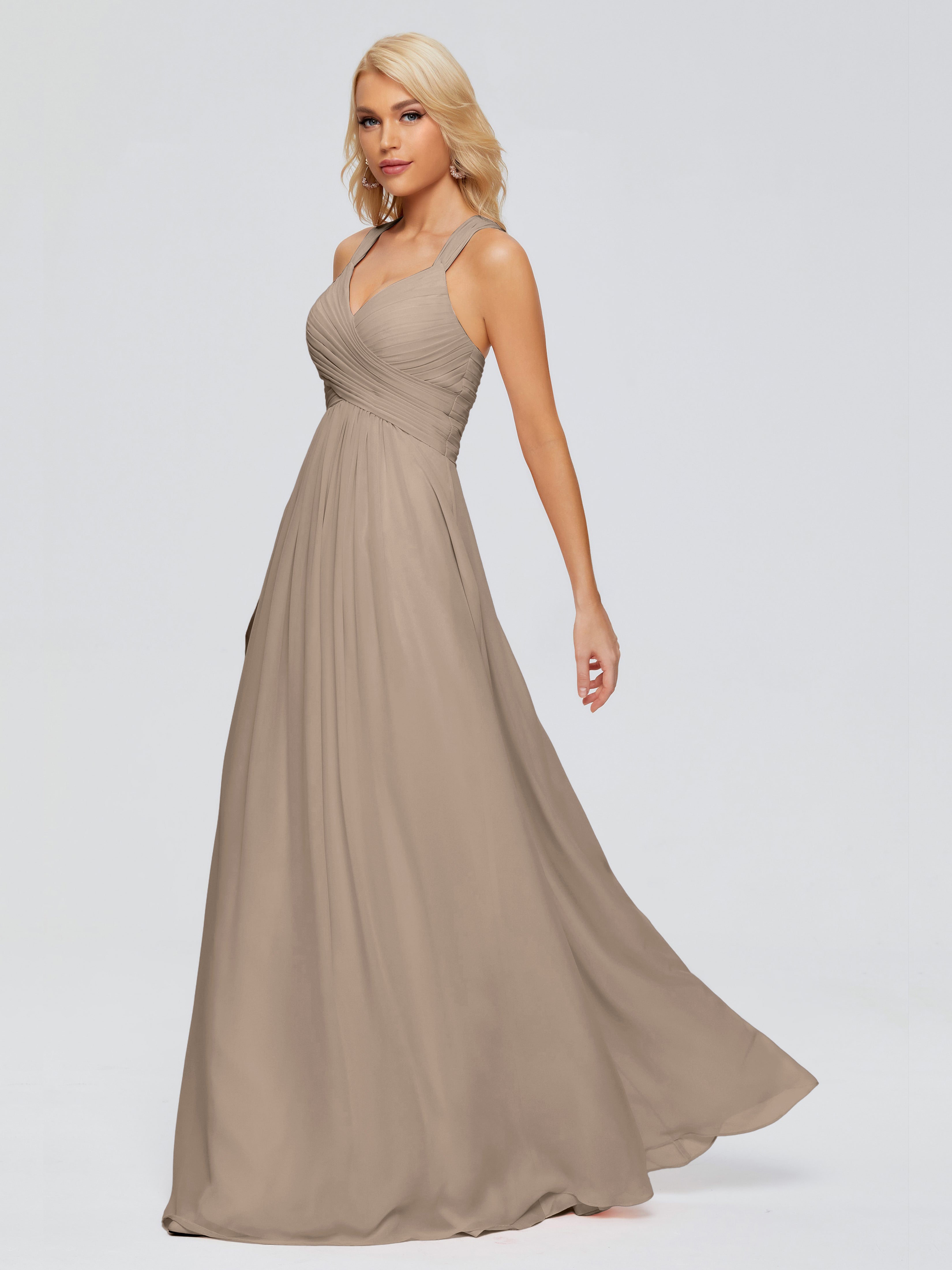 Robe Taupe Demoiselle D Honneur Trapèze Bretelles Croisées Mousseline Robes Demoiselle D'Honneur
