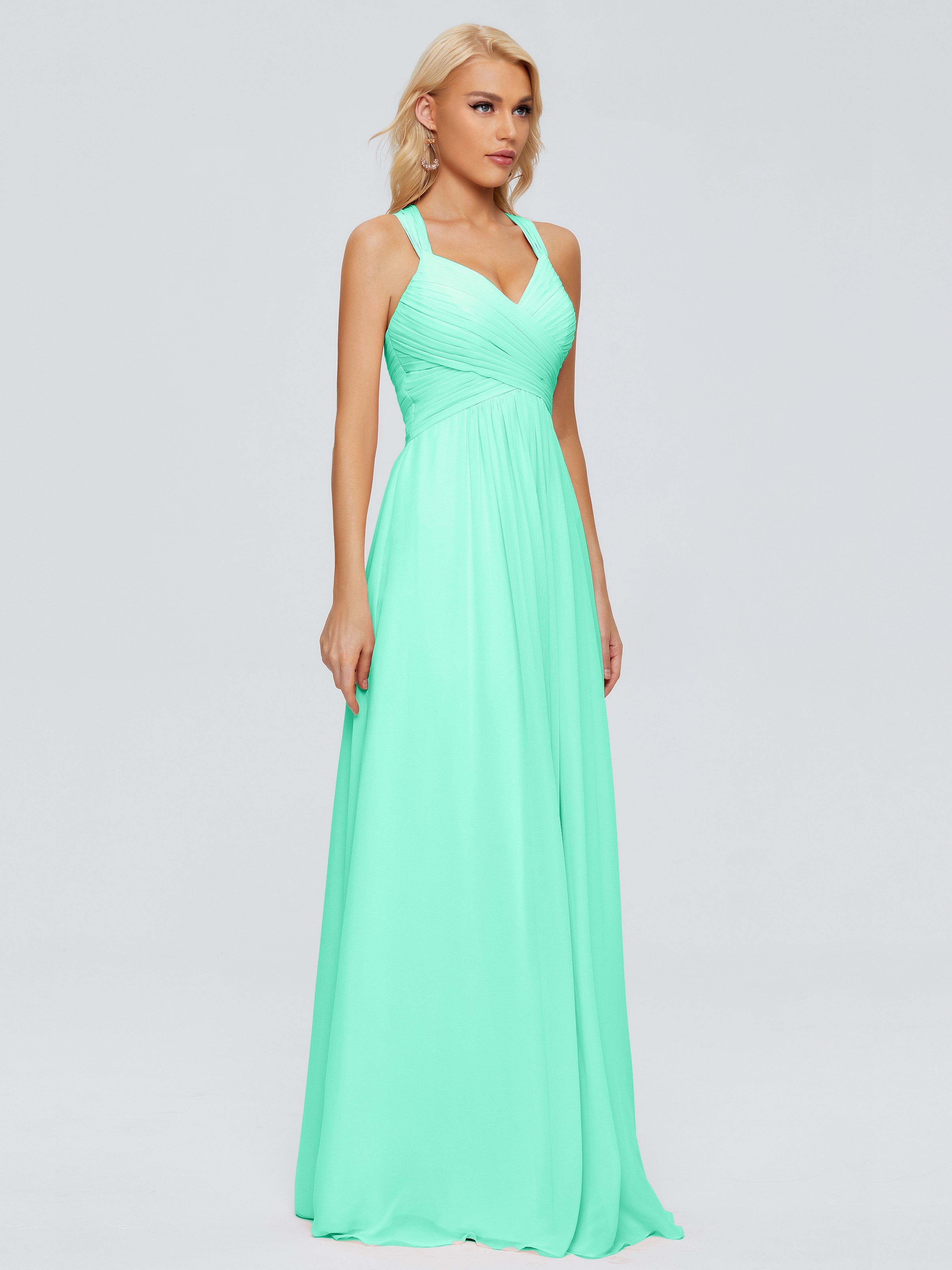 Demoiselle Dhonneur Robe Turquoise Trapèze Bretelles Croisées Mousseline Robes Demoiselle D'Honneur