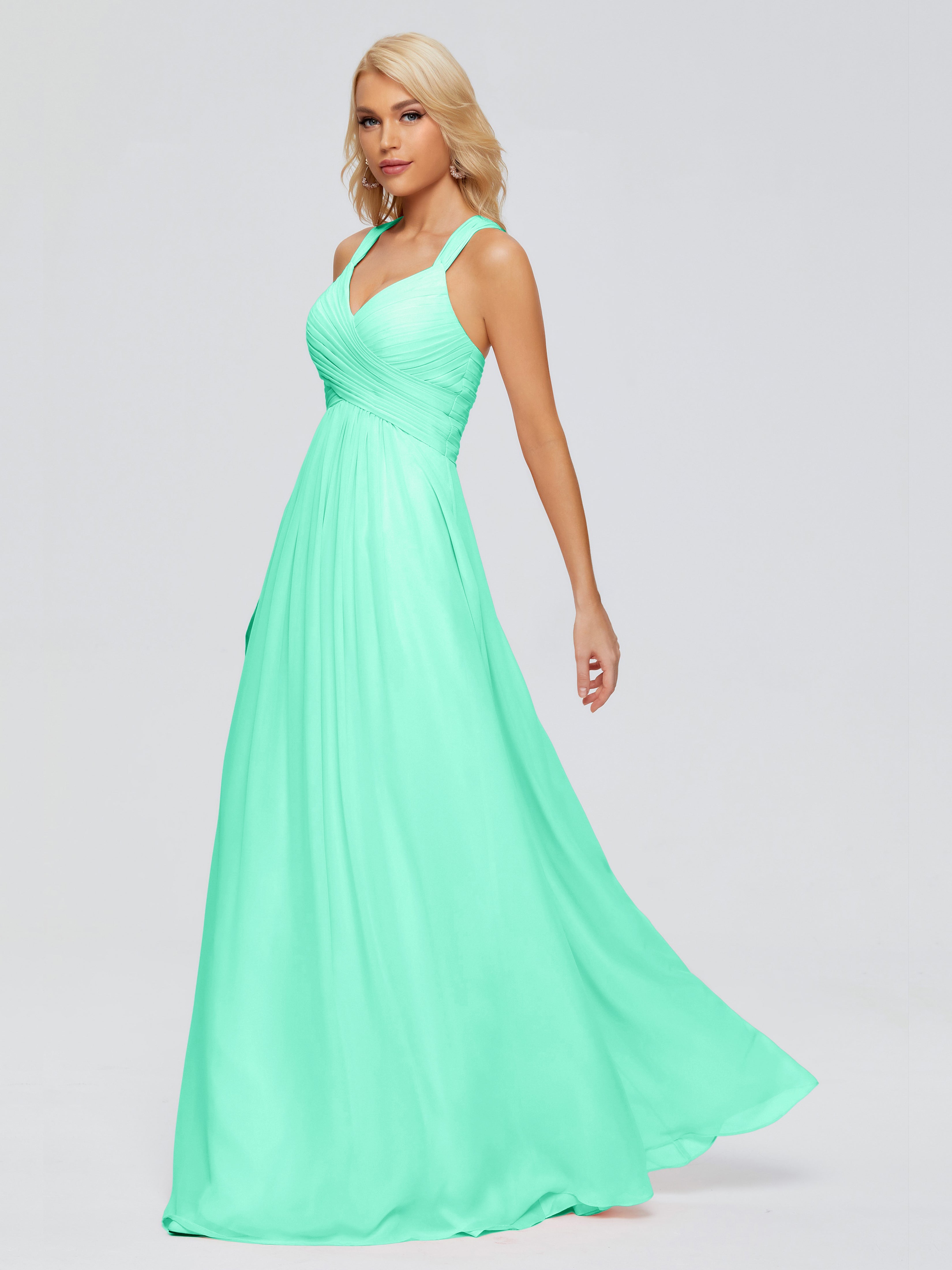 Demoiselle Dhonneur Robe Turquoise Trapèze Bretelles Croisées Mousseline Robes Demoiselle D'Honneur