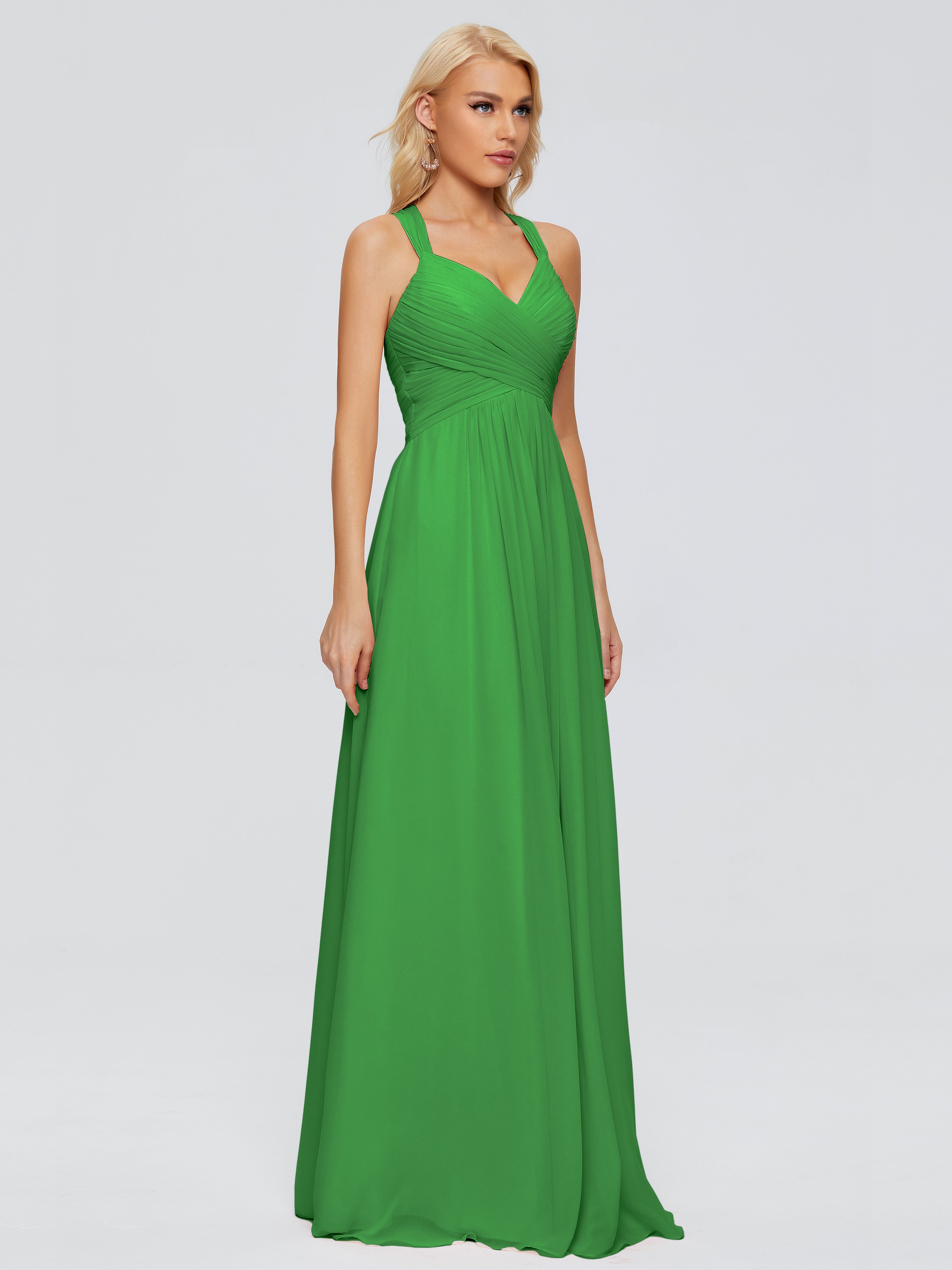 Robe De Demoiselle D Honneur Verte Trapèze Bretelles Croisées Mousseline Robes Demoiselle D'Honneur