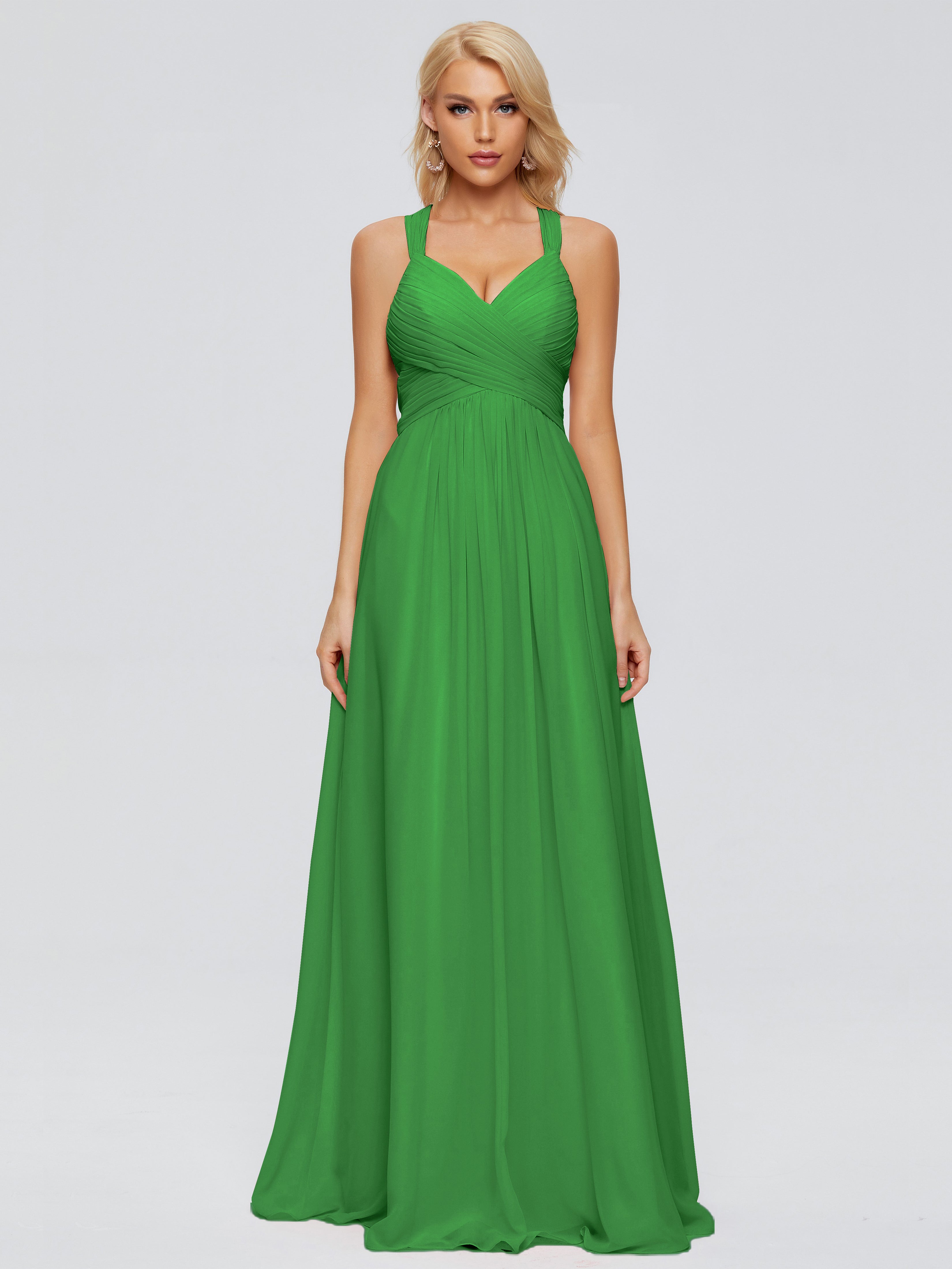Robe De Demoiselle D Honneur Verte Trapèze Bretelles Croisées Mousseline Robes Demoiselle D'Honneur
