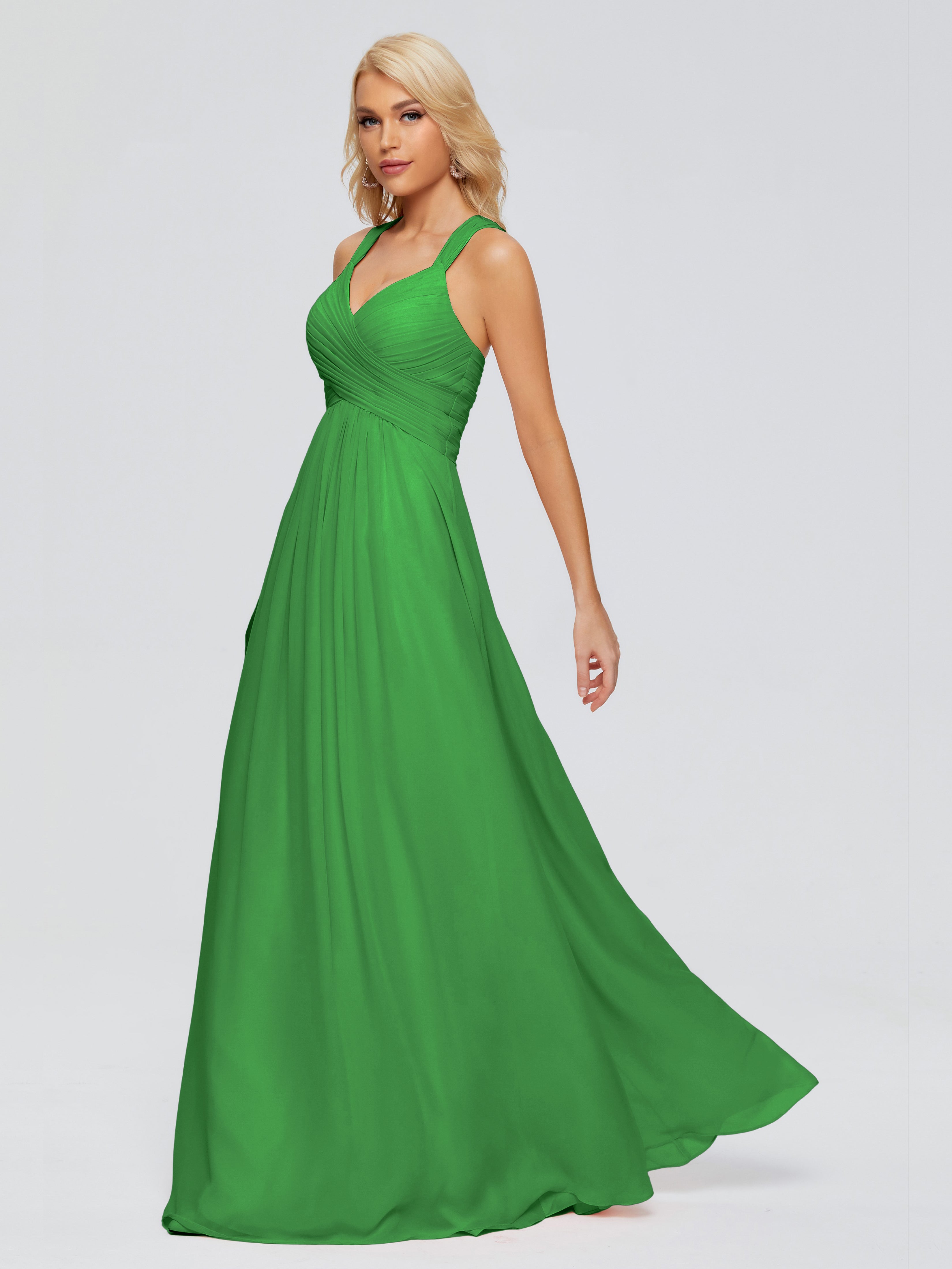 Robe De Demoiselle D Honneur Verte Trapèze Bretelles Croisées Mousseline Robes Demoiselle D'Honneur