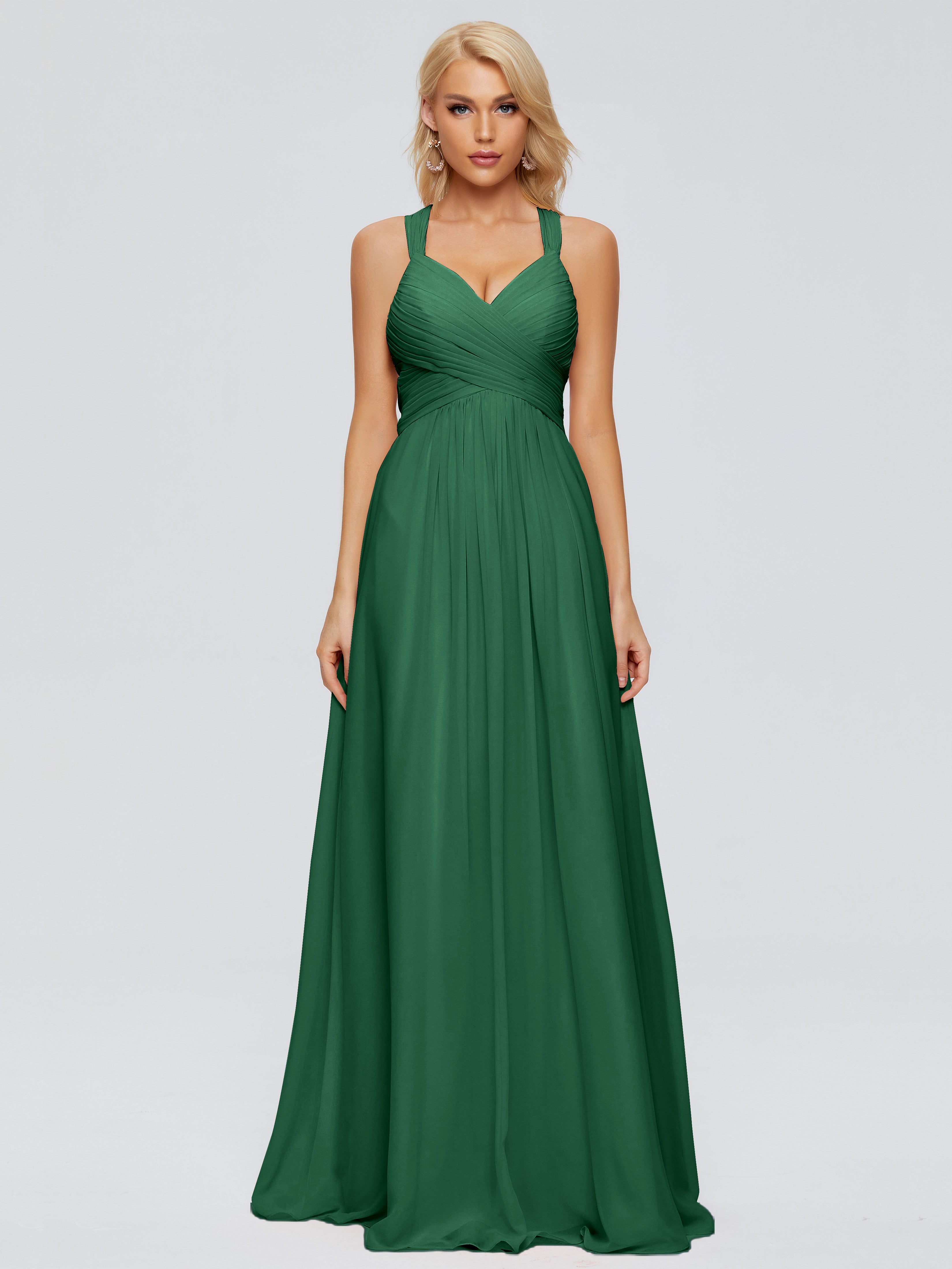 Robes De Demoiselle D'Honneur Vert Foncé Trapèze Bretelles Croisées Mousseline Robes Demoiselle D'Honneur