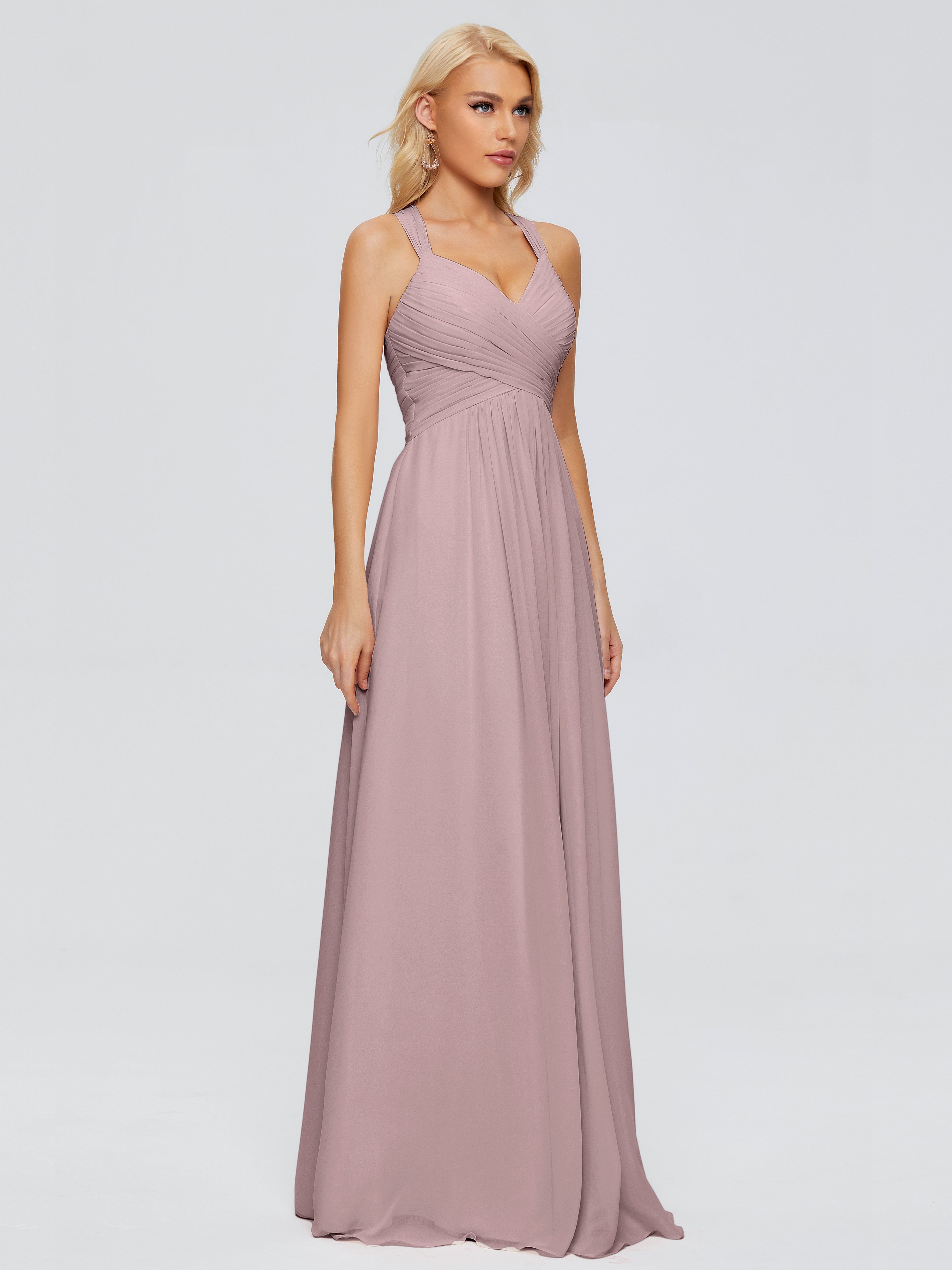 Robes De Demoiselle D'Honneur Mauve Foncé Trapèze Bretelles Croisées Mousseline Robes Demoiselle D'Honneur