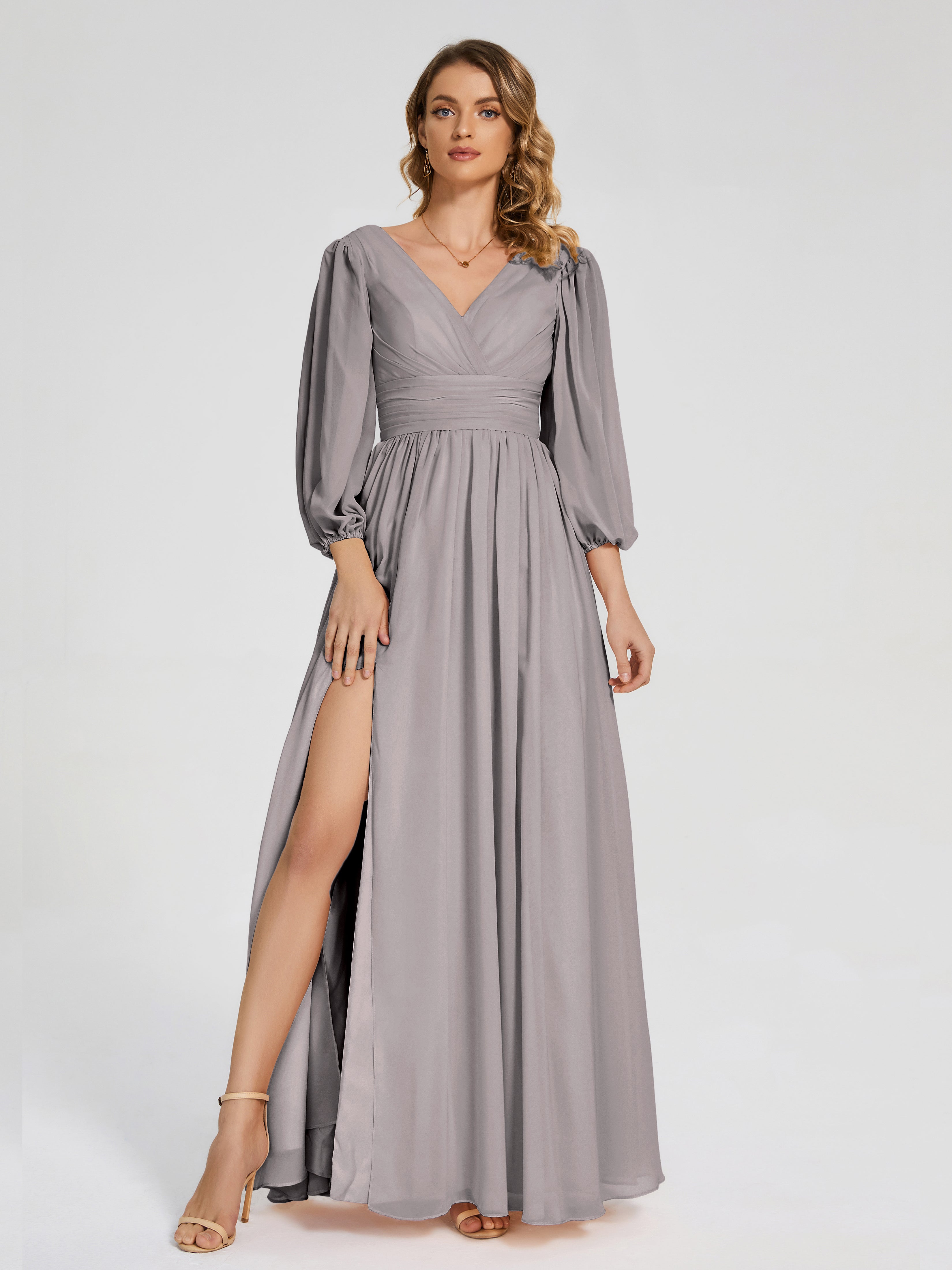 Robe Demoiselle D Honneur Argenté Manches Longues Dos Nu Mousseline Robes Demoiselle D'Honneur