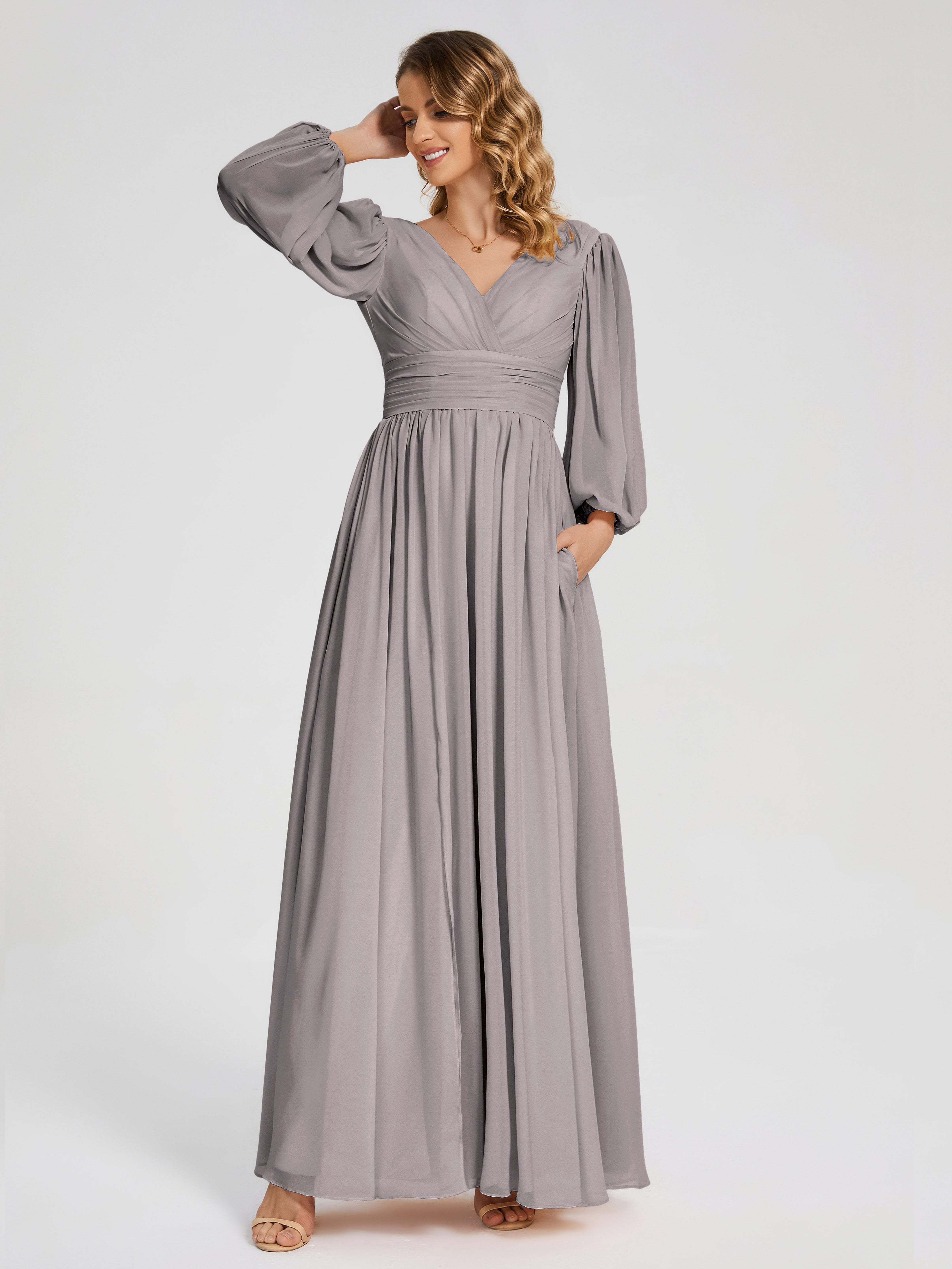 Robe Demoiselle D Honneur Argenté Manches Longues Dos Nu Mousseline Robes Demoiselle D'Honneur