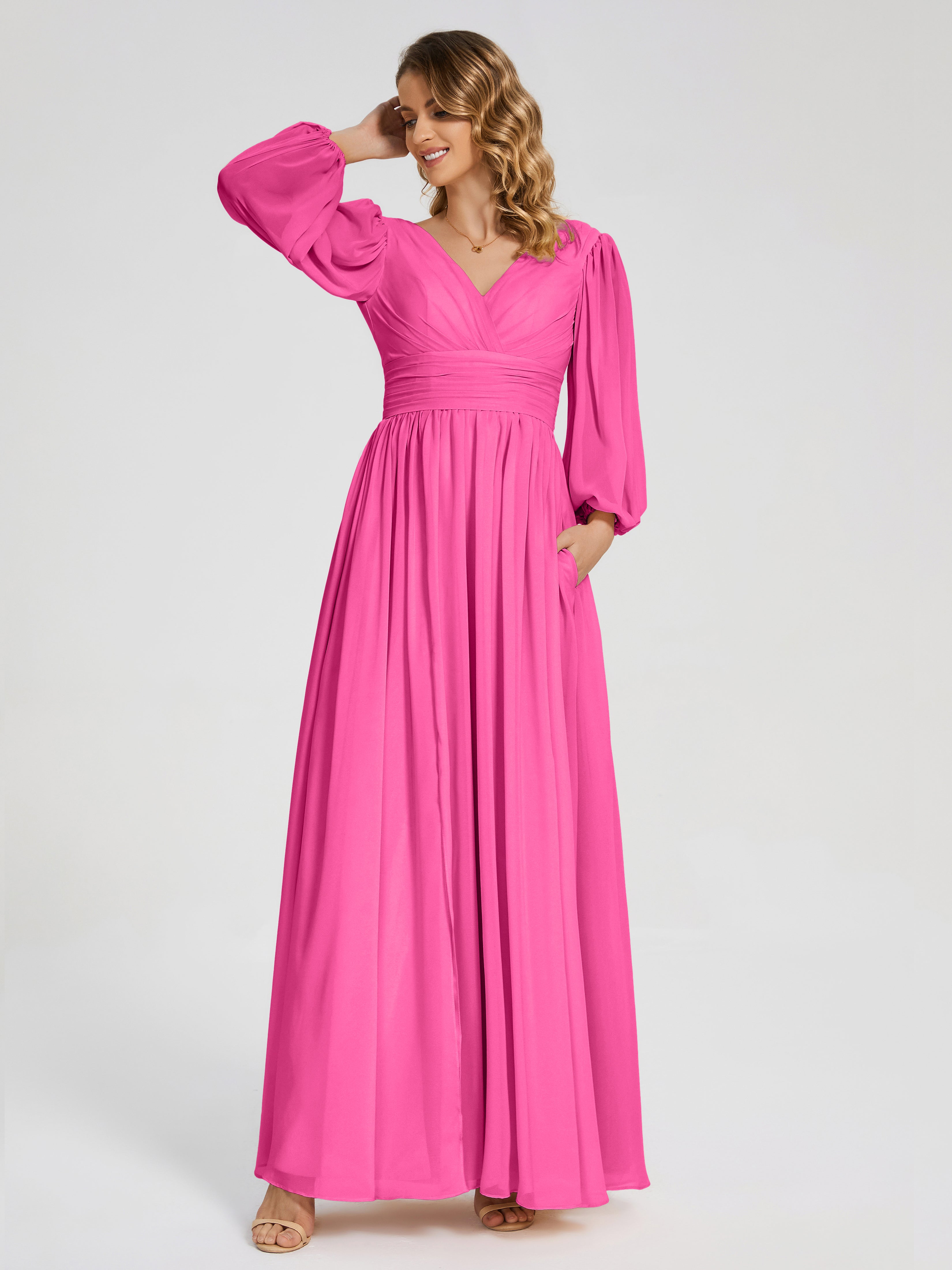Robe Demoiselle D Honneur Azalée Manches Longues Dos Nu Mousseline Robes Demoiselle D'Honneur