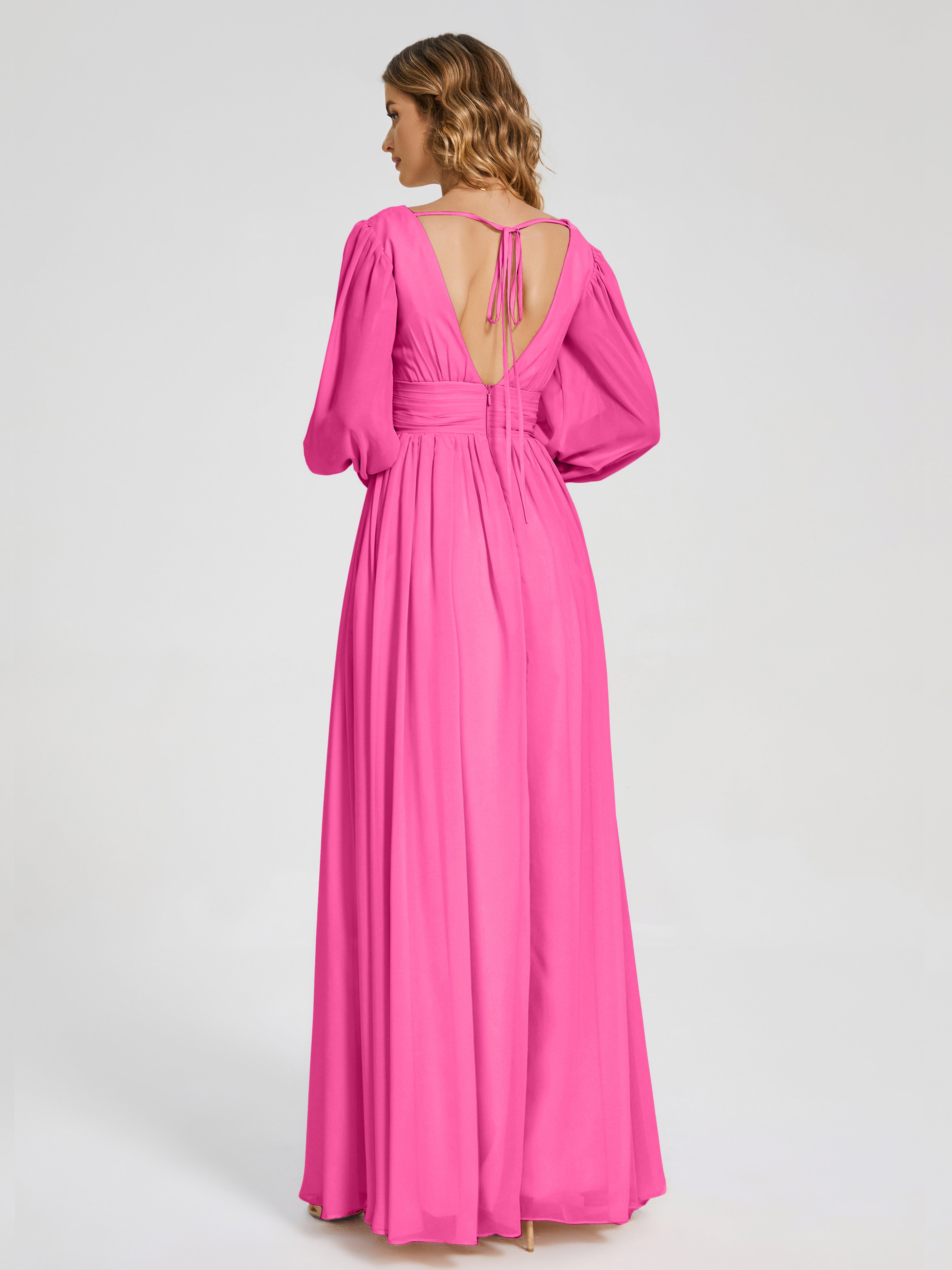 Robe Demoiselle D Honneur Azalée Manches Longues Dos Nu Mousseline Robes Demoiselle D'Honneur