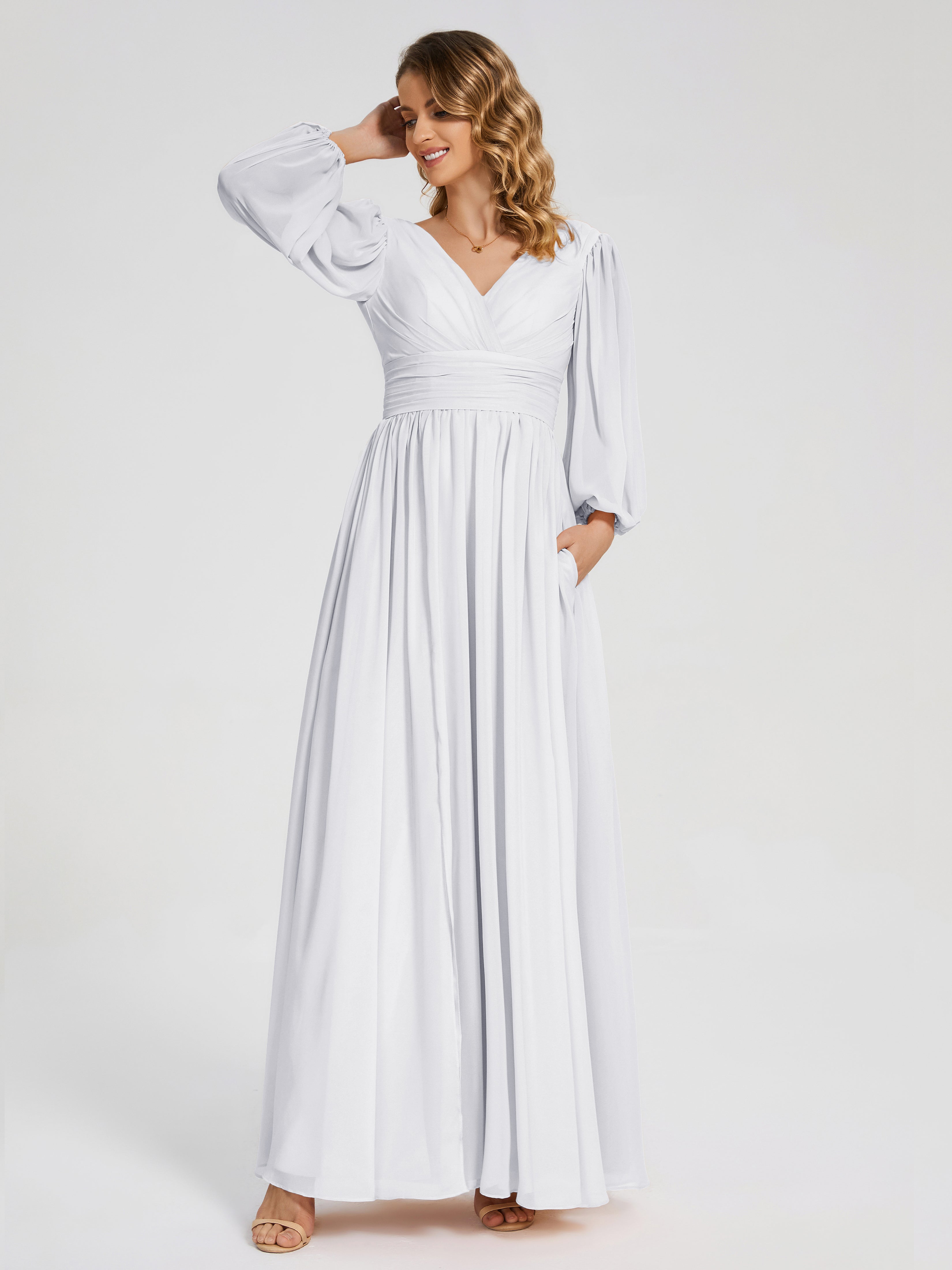 Robes De Demoiselle D'Honneur Blanches Manches Longues Dos Nu Mousseline Robes Demoiselle D'Honneur