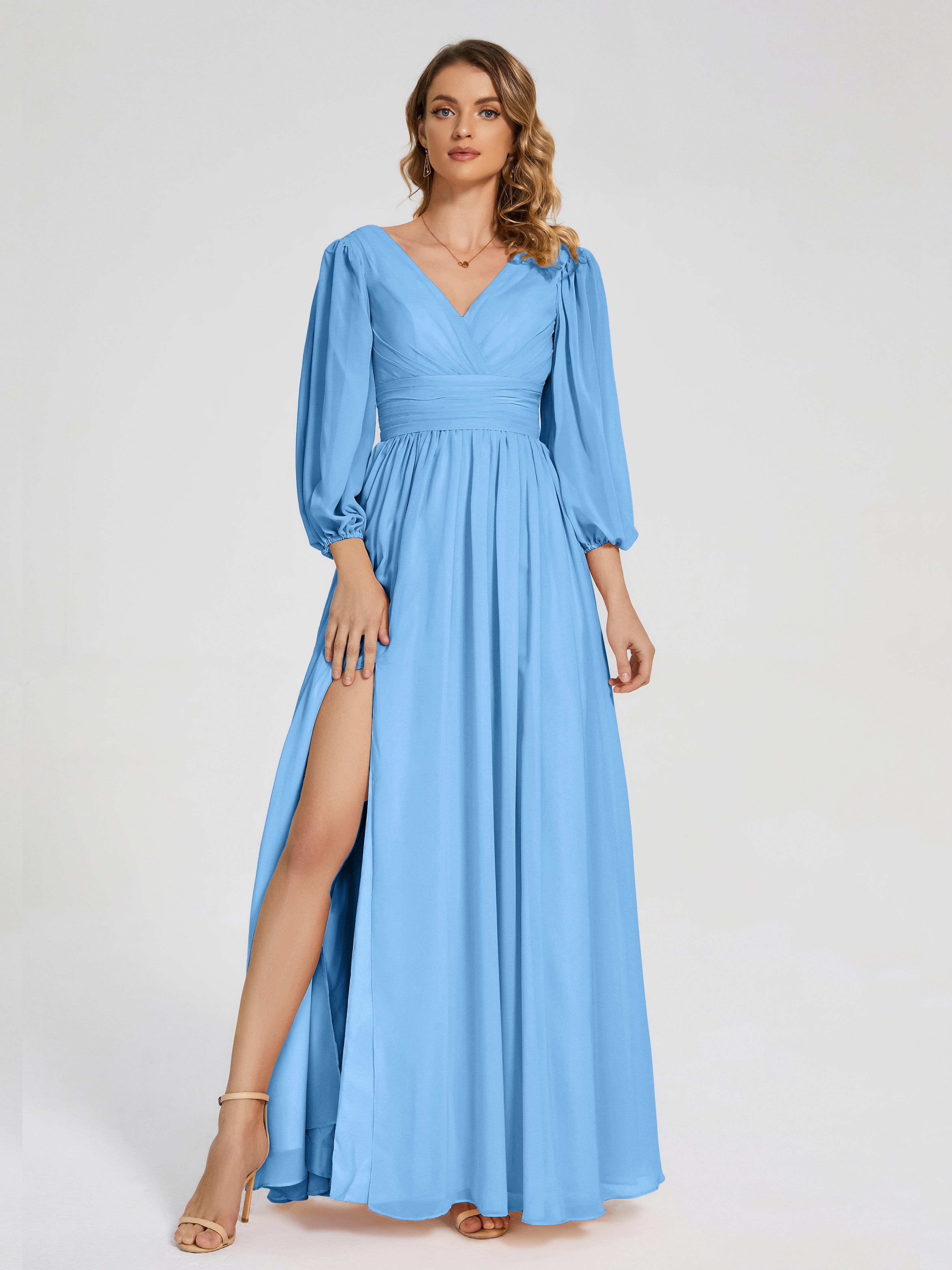 Robes De Demoiselle D'Honneur Bleues Manches Longues Dos Nu Mousseline Robes Demoiselle D'Honneur