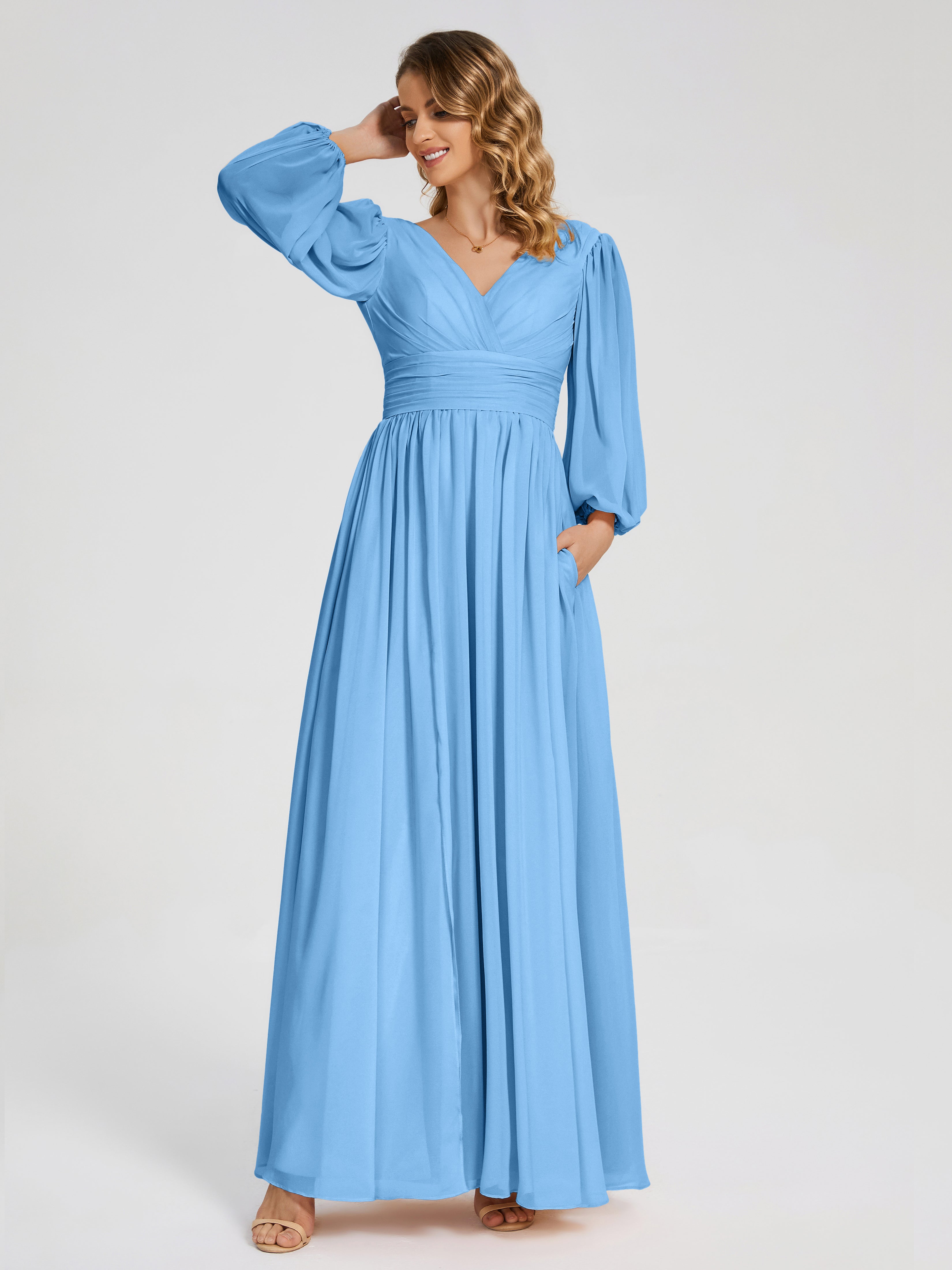 Robes De Demoiselle D'Honneur Bleues Manches Longues Dos Nu Mousseline Robes Demoiselle D'Honneur
