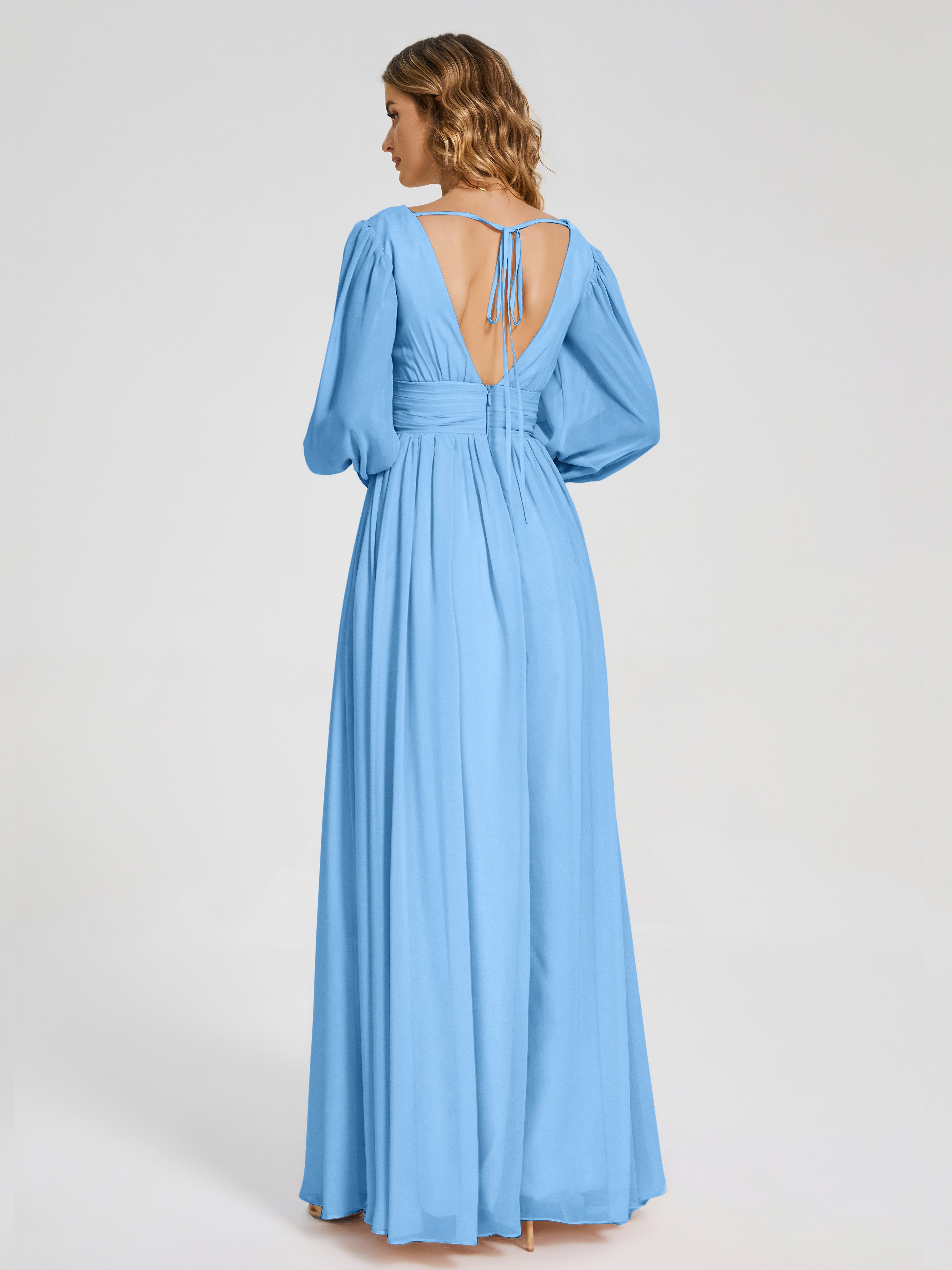 Robes De Demoiselle D'Honneur Bleues Manches Longues Dos Nu Mousseline Robes Demoiselle D'Honneur