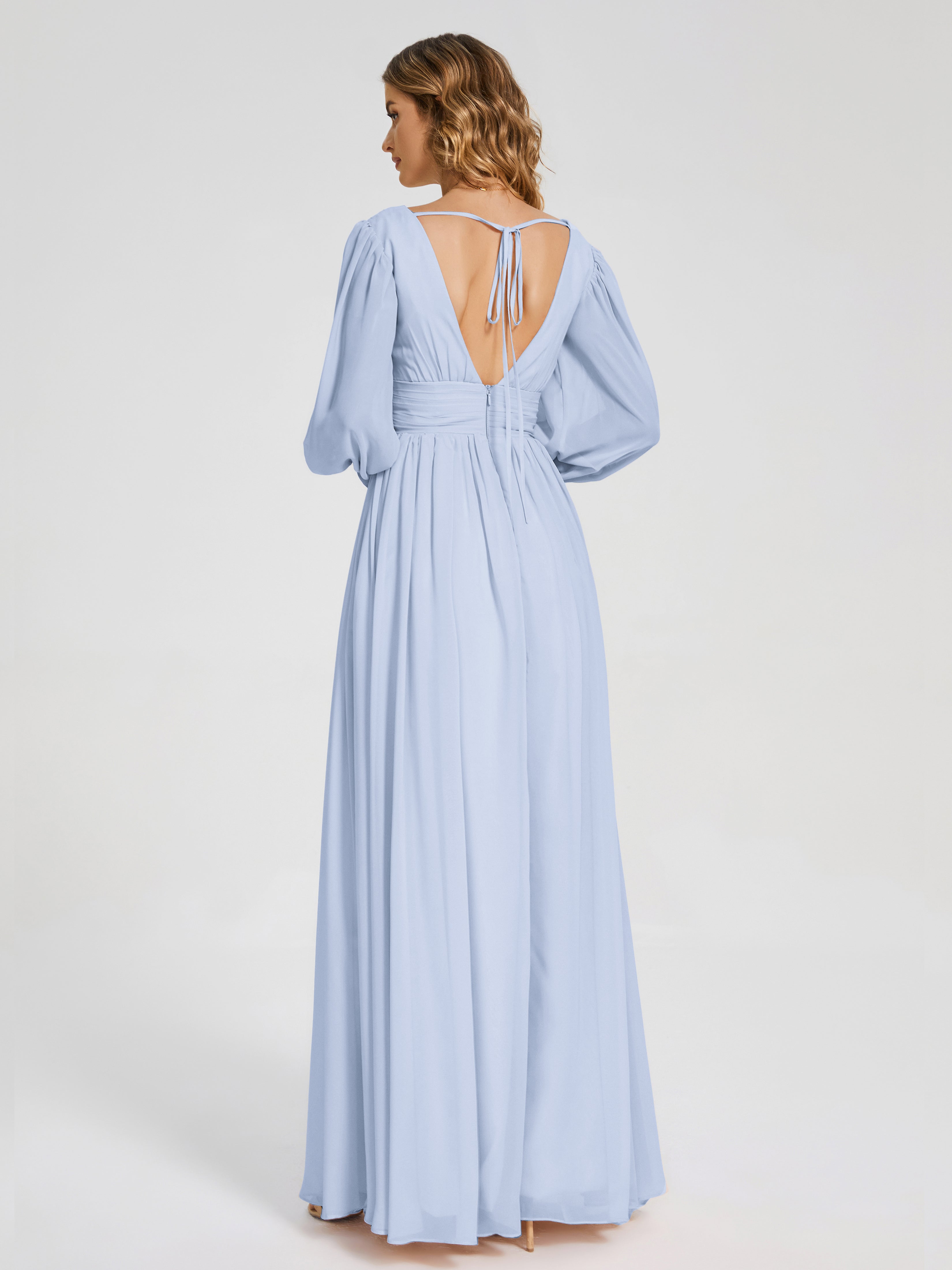 Robe Demoiselle D Honneur Bleu Ciel Manches Longues Dos Nu Mousseline Robes Demoiselle D'Honneur
