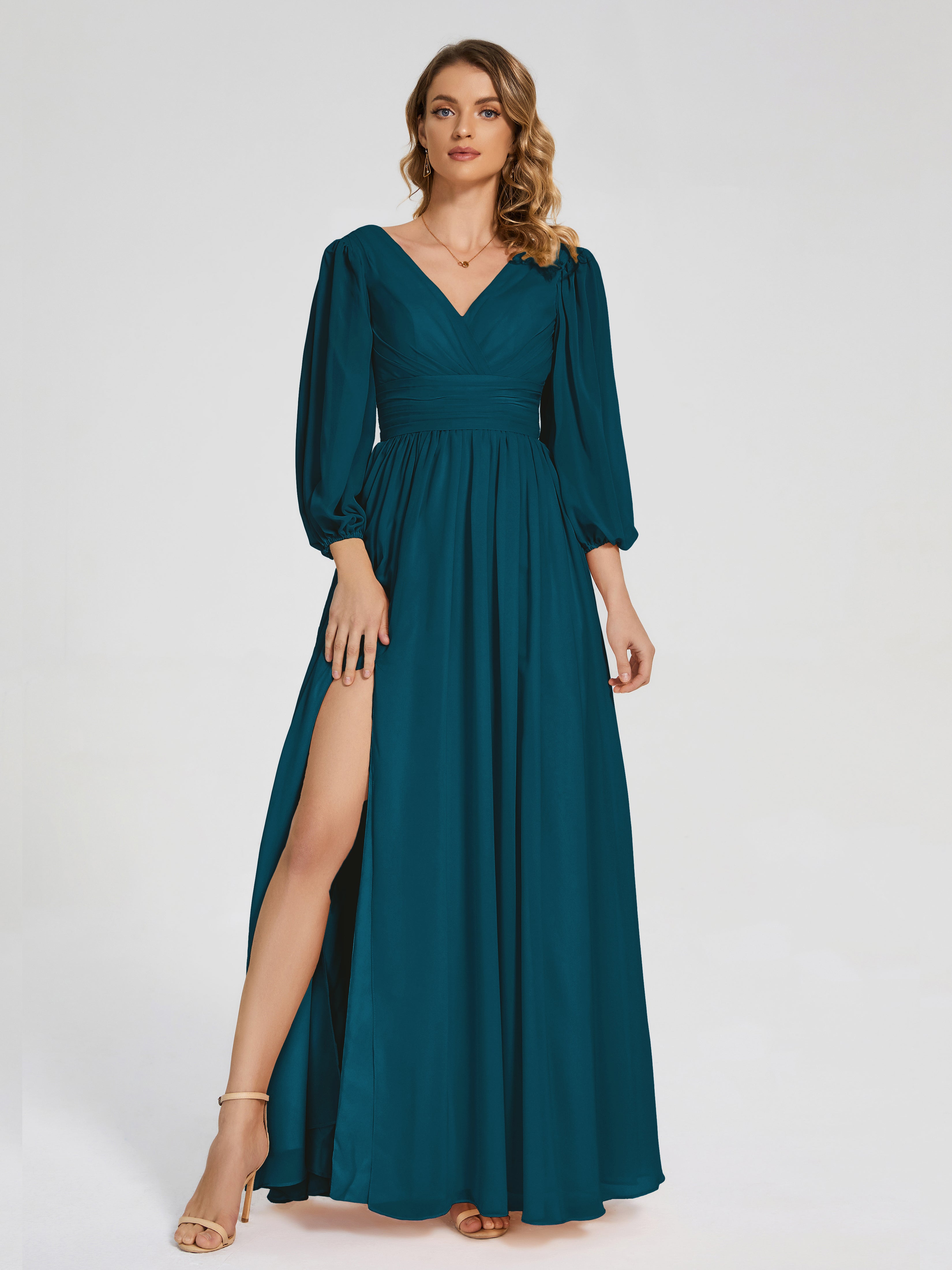 Robes De Demoiselle D'Honneur Bleu Encre Manches Longues Dos Nu Mousseline Robes Demoiselle D'Honneur