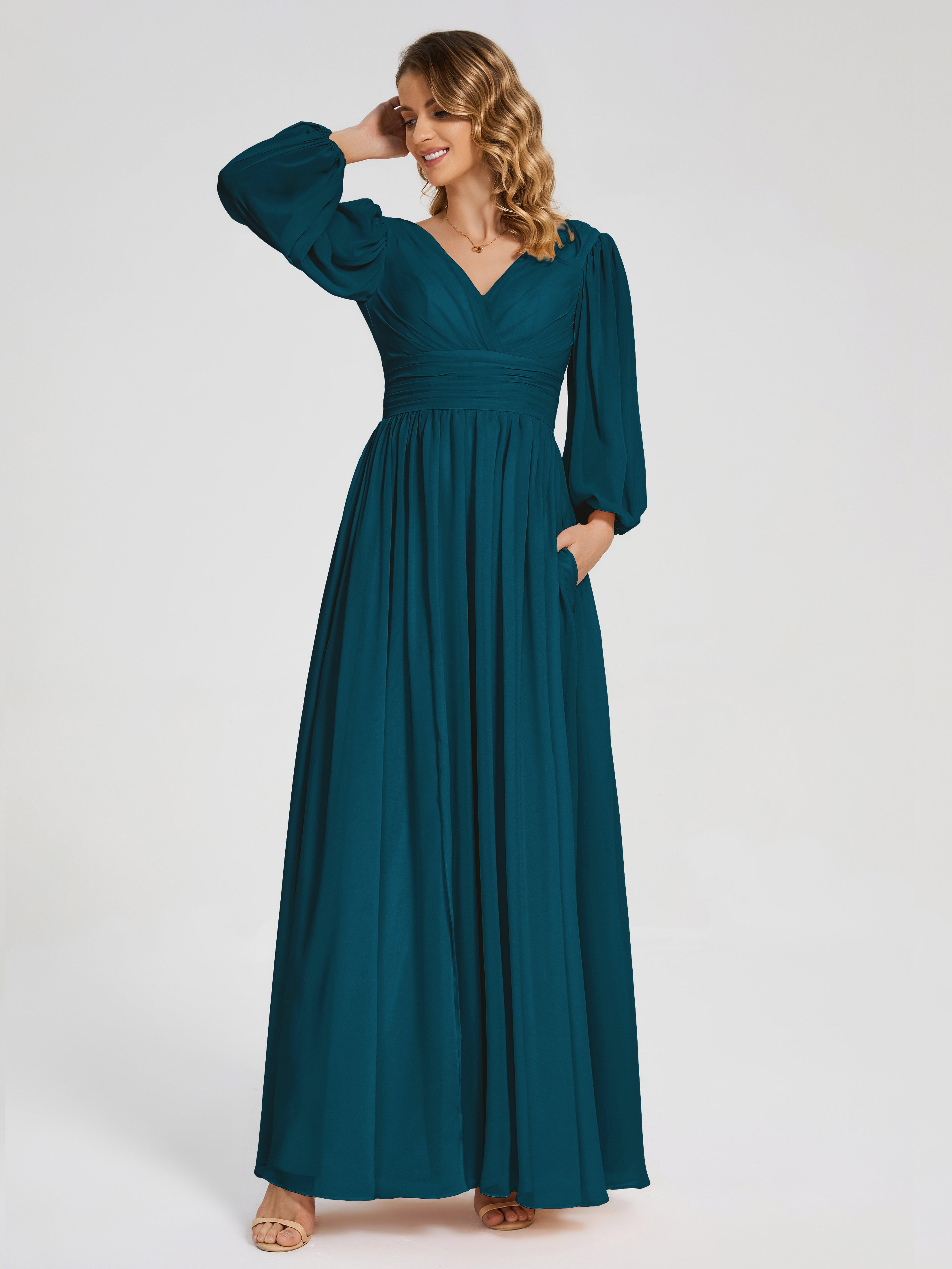 Robes De Demoiselle D'Honneur Bleu Encre Manches Longues Dos Nu Mousseline Robes Demoiselle D'Honneur