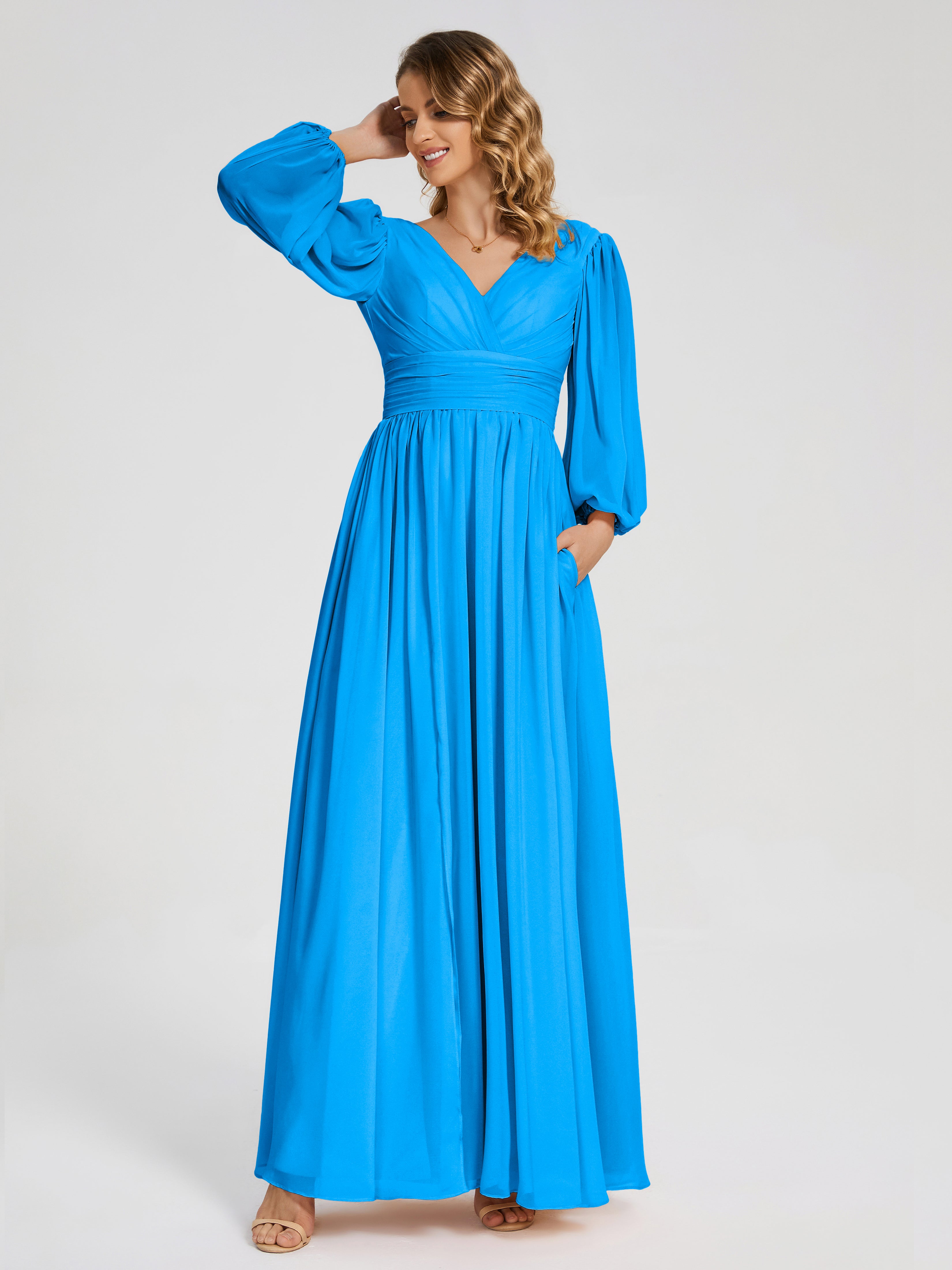 Robes De Demoiselle D'Honneur Bleu Océan Manches Longues Dos Nu Mousseline Robes Demoiselle D'Honneur