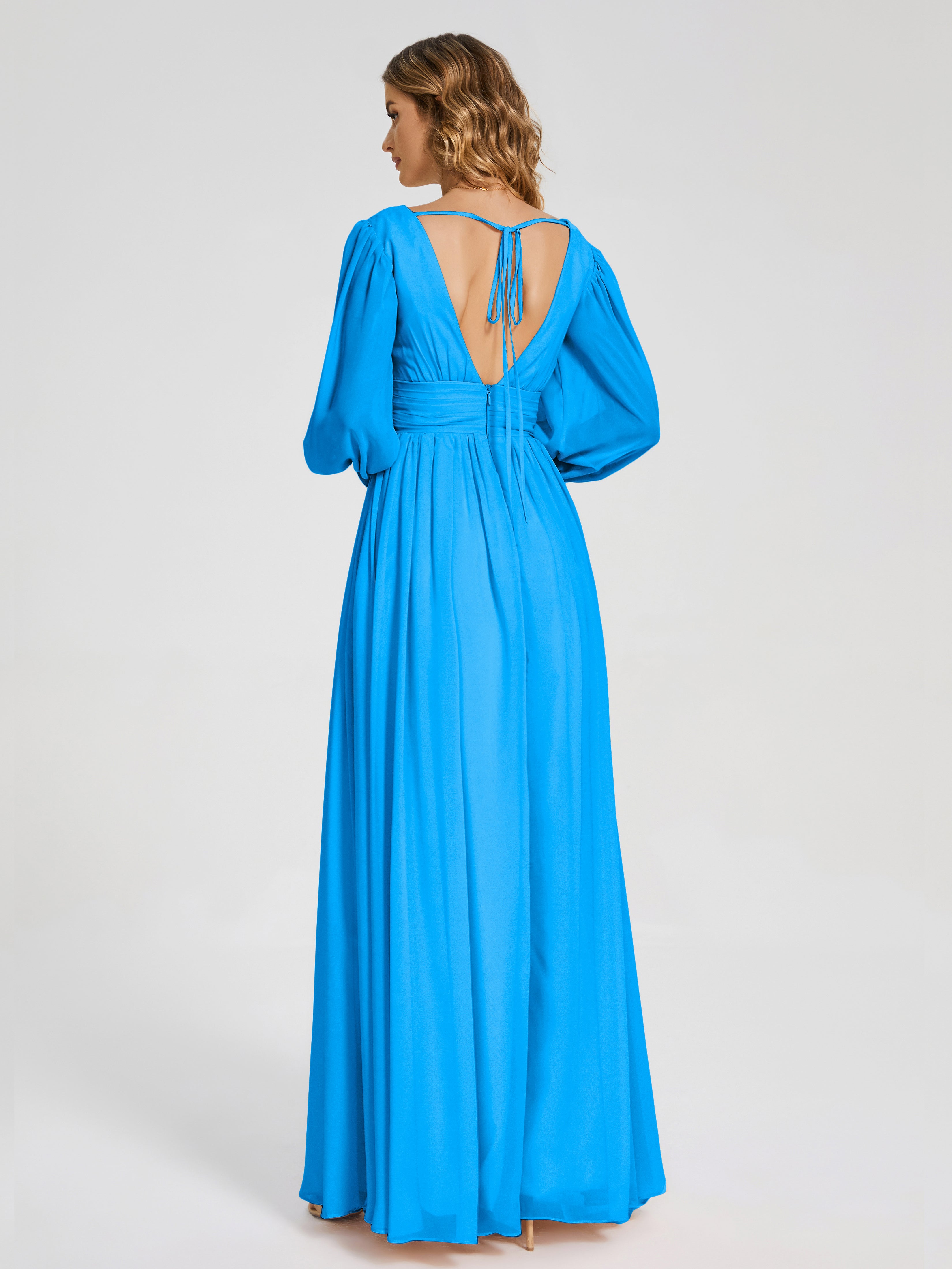 Robes De Demoiselle D'Honneur Bleu Océan Manches Longues Dos Nu Mousseline Robes Demoiselle D'Honneur