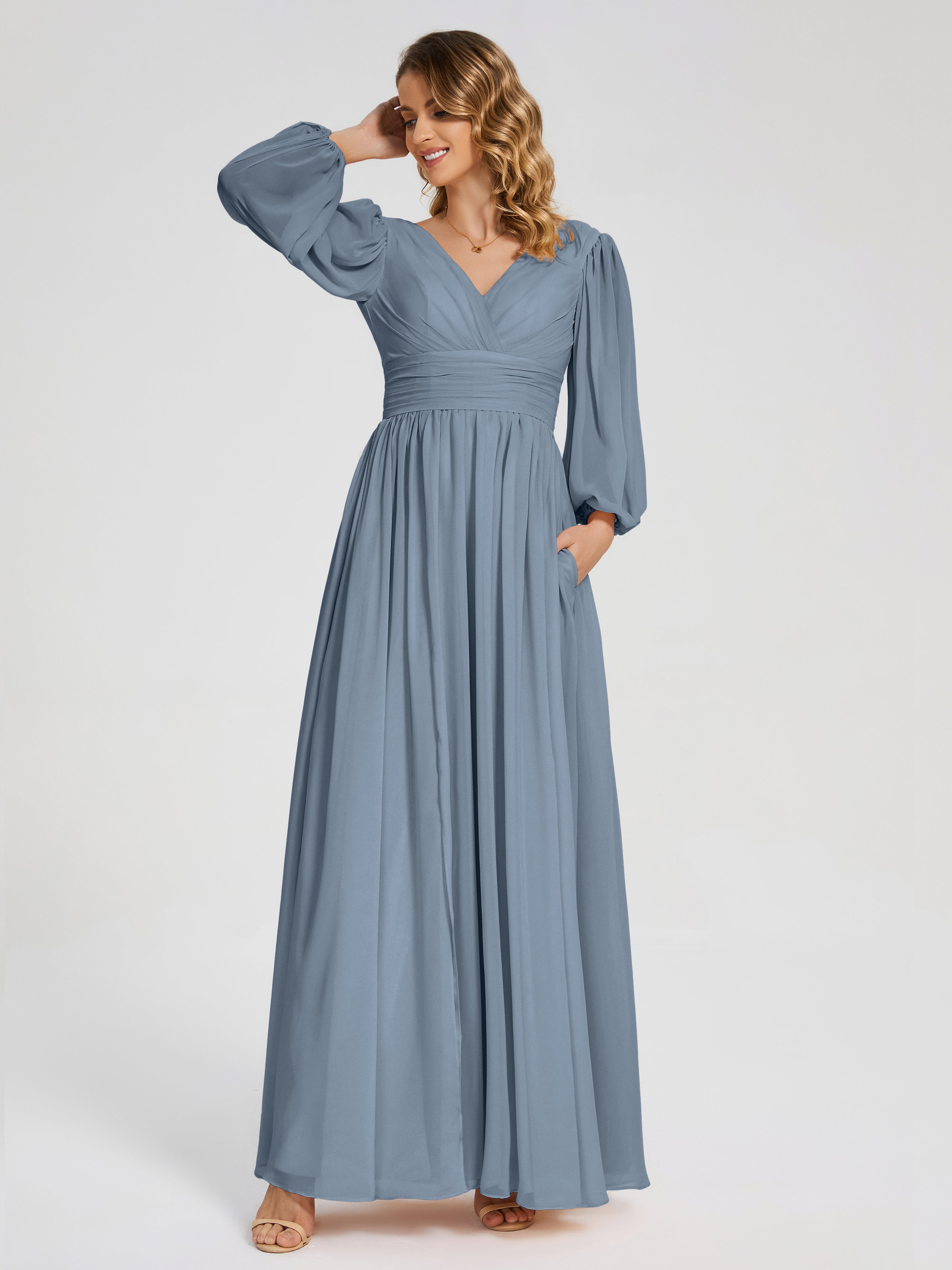 Robes De Demoiselle D'Honneur Bleu Gris Manches Longues Dos Nu Mousseline Robes Demoiselle D'Honneur