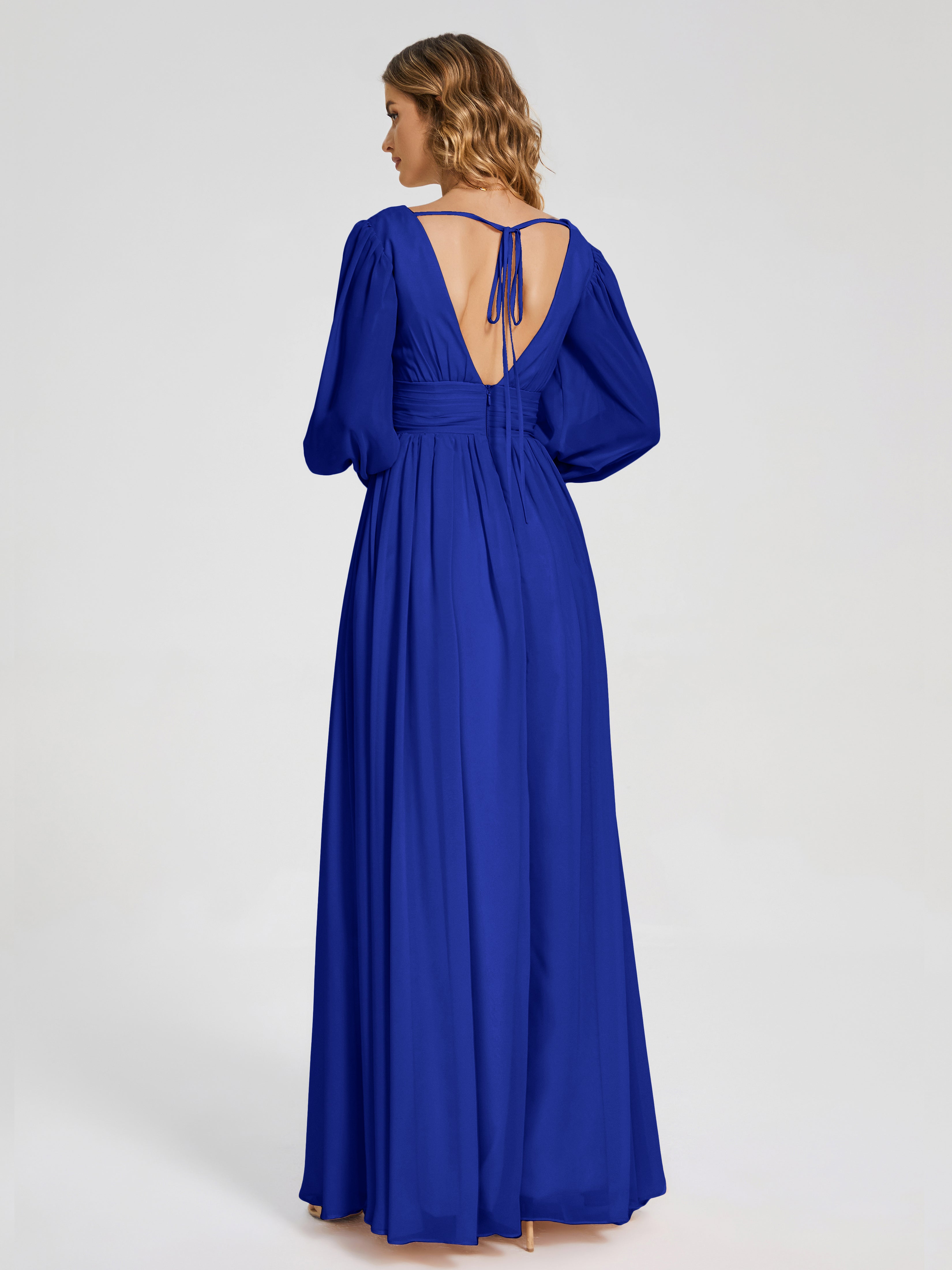 Demoiselle D'Honneur Bleu Royal Manches Longues Dos Nu Mousseline Robes Demoiselle D'Honneur