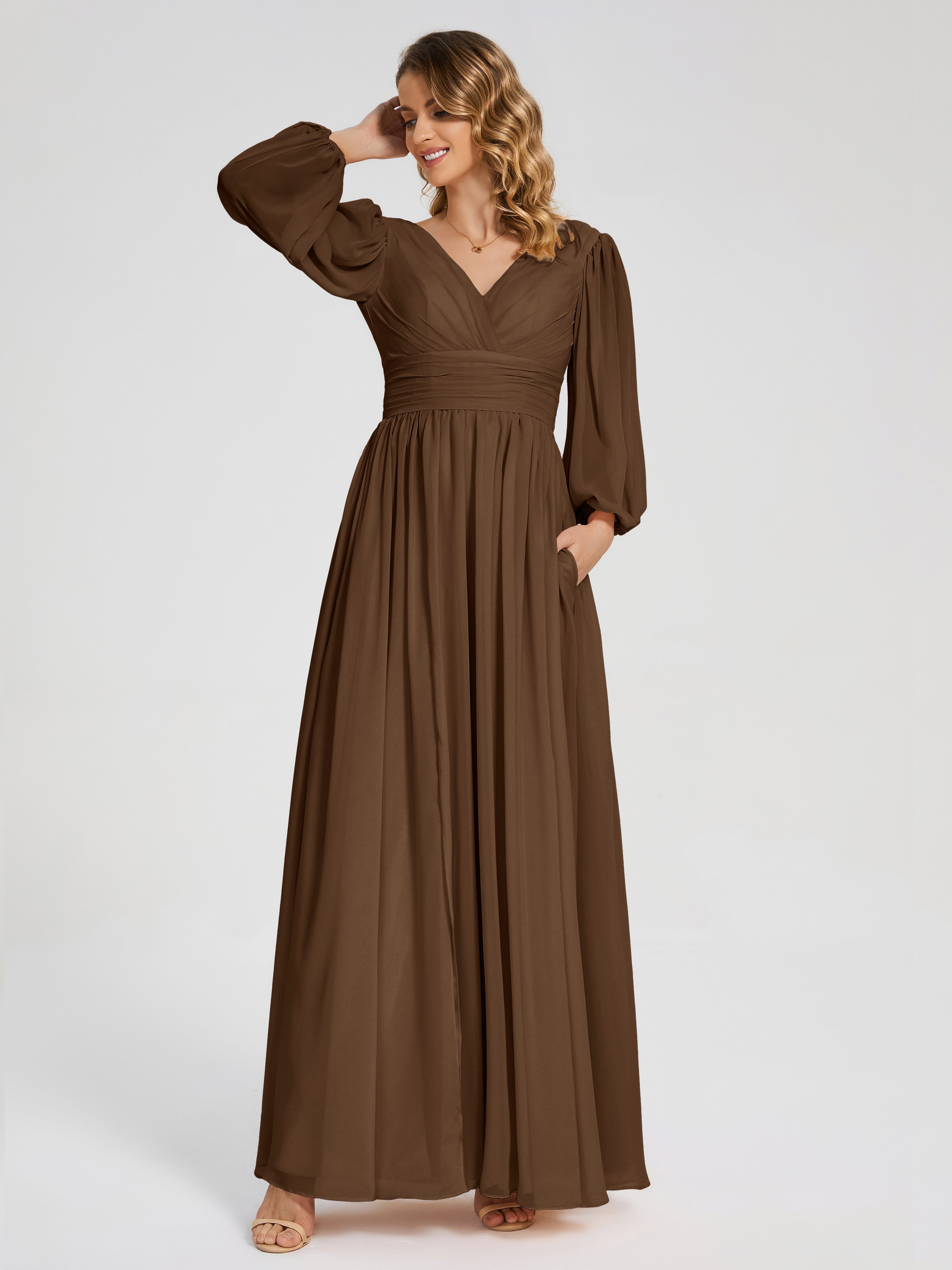 Robe Demoiselle D Honneur Brun Manches Longues Dos Nu Mousseline Robes Demoiselle D'Honneur