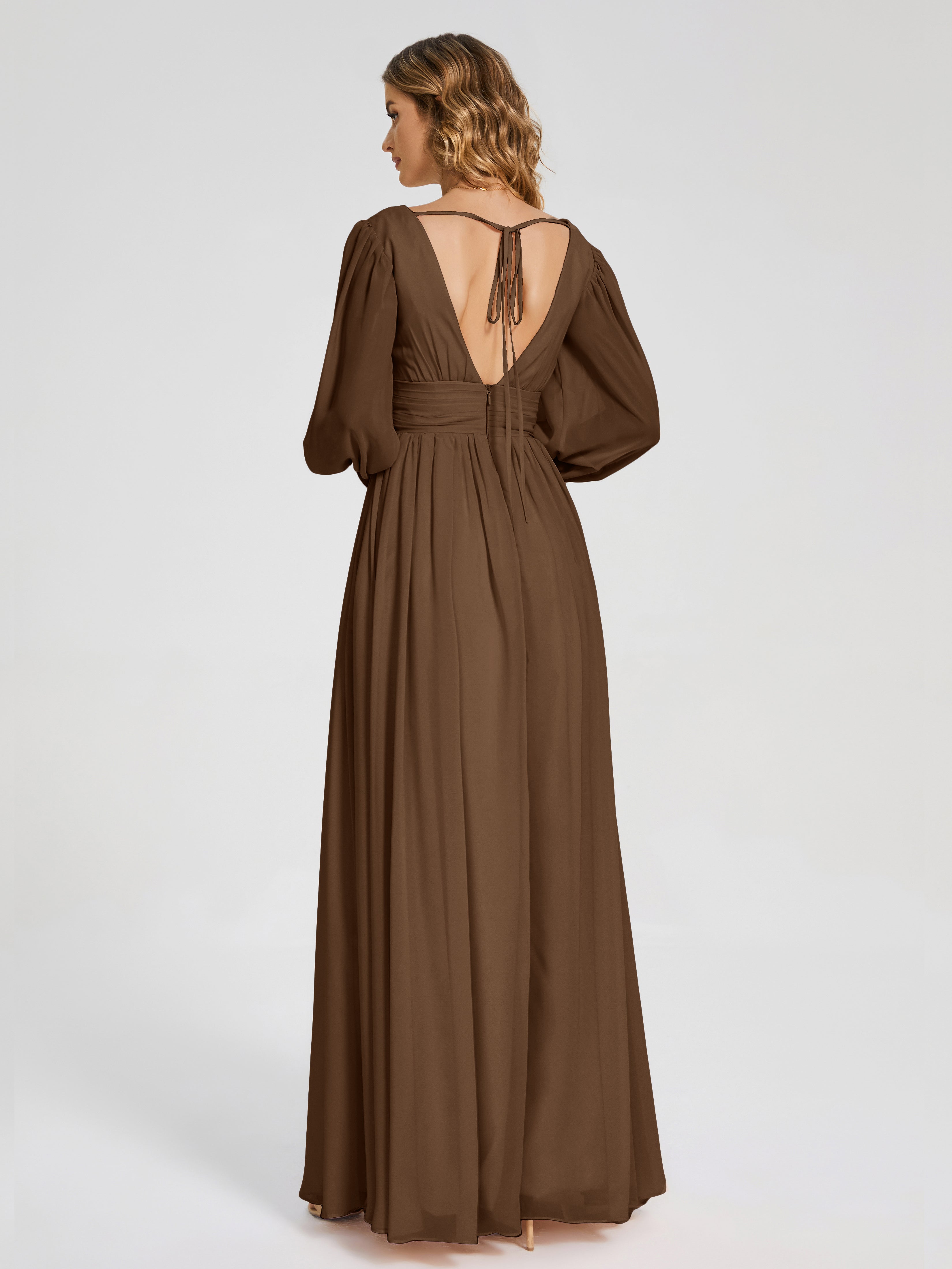 Robe Demoiselle D Honneur Brun Manches Longues Dos Nu Mousseline Robes Demoiselle D'Honneur